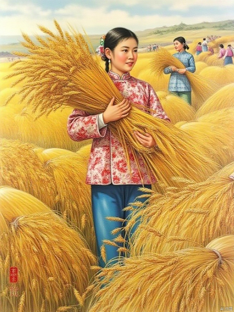 Era painting, a Chinese girl holding a sheaf of golden wheat, surrounded by golden wheat fields, with a busy scene of people harvesting wheat in the background