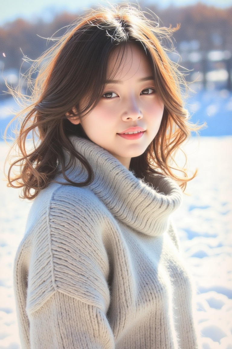 A vibrant colored pencil sketch of a portrait photo featuring a Korean woman wearing a cozy sweater. She stands outdoors o...