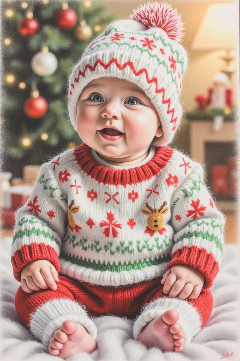 A vibrant colored pencil sketch of a cute baby wearing a festive Christmas pattern sweater and a matching beanie. The baby...