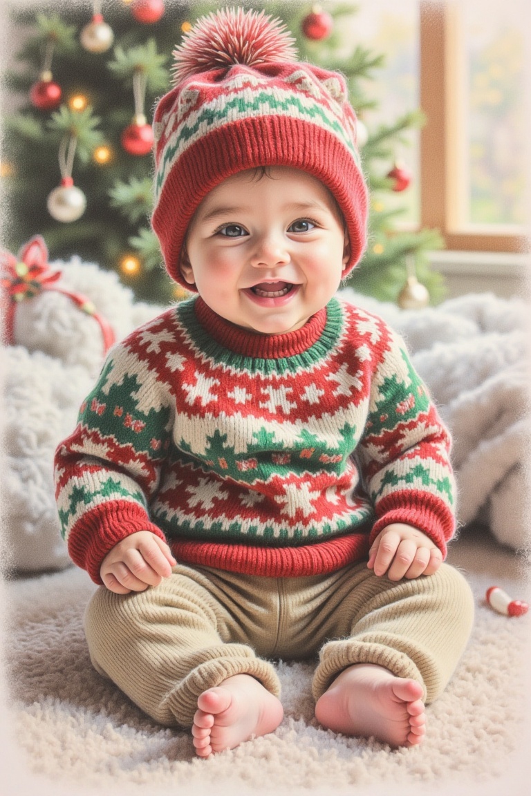 A vibrant colored pencil sketch of a cute baby wearing a festive Christmas pattern sweater and a matching beanie. The baby...