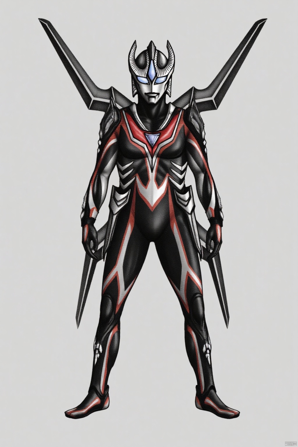 (grey background:1.2),(SOLO:1.4),outline,simple background,(((,standing,looking at viewer,arms at side))),,ultraman,bodysuit,gloves,legwear,boots,cover,mask,plugsuit,armor,bodysuit,pattern on body,tight-fitting,helmet,leather suit,latex,tokusatsu,no humans,science fiction,hard mask,no smile,no eyes,no nose,solo,rubber bodysuit with line,alien,wings