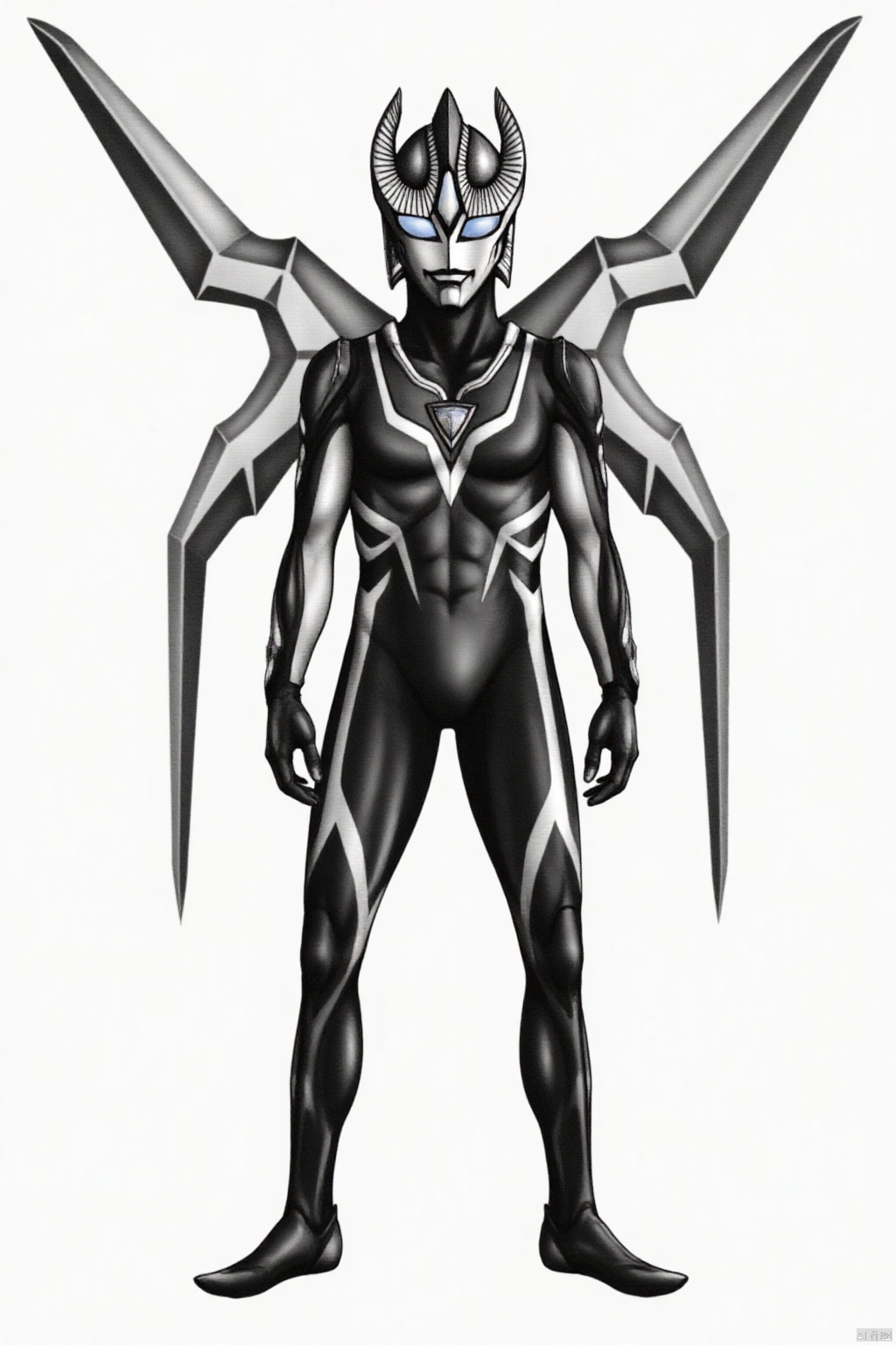 (grey background:1.2),(SOLO:1.4),outline,simple background,(((,standing,looking at viewer,arms at side))),,ultraman,bodysuit,gloves,legwear,boots,cover,mask,plugsuit,armor,bodysuit,pattern on body,tight-fitting,helmet,leather suit,latex,tokusatsu,no humans,science fiction,hard mask,no smile,no eyes,no nose,solo,rubber bodysuit with line,alien,wings