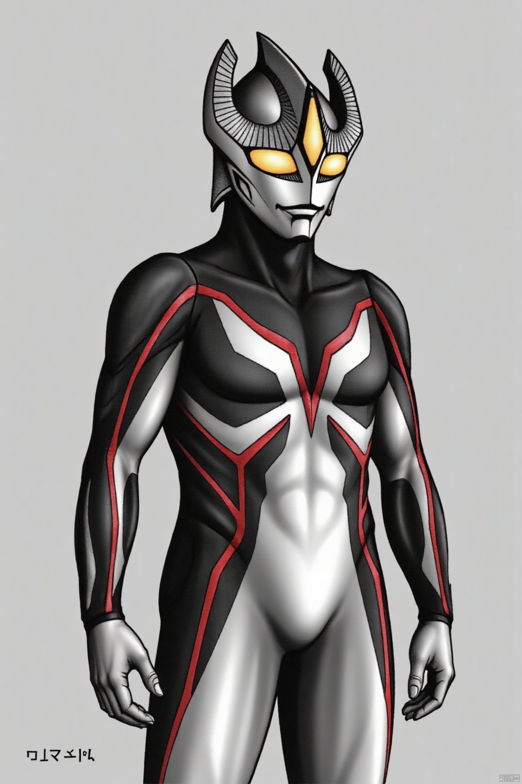 (grey background:1.2),(SOLO:1.4),outline,simple background,(((,standing,looking at viewer,arms at side))),,ultraman,bodysuit,gloves,legwear,boots,cover,mask,plugsuit,armor,bodysuit,red pattern on body,tight-fitting,helmet,leather suit,latex,tokusatsu,no humans,science fiction,hard mask,no smile,no eyes,no nose,solo,rubber bodysuit with red line,alien,yellow_eyes