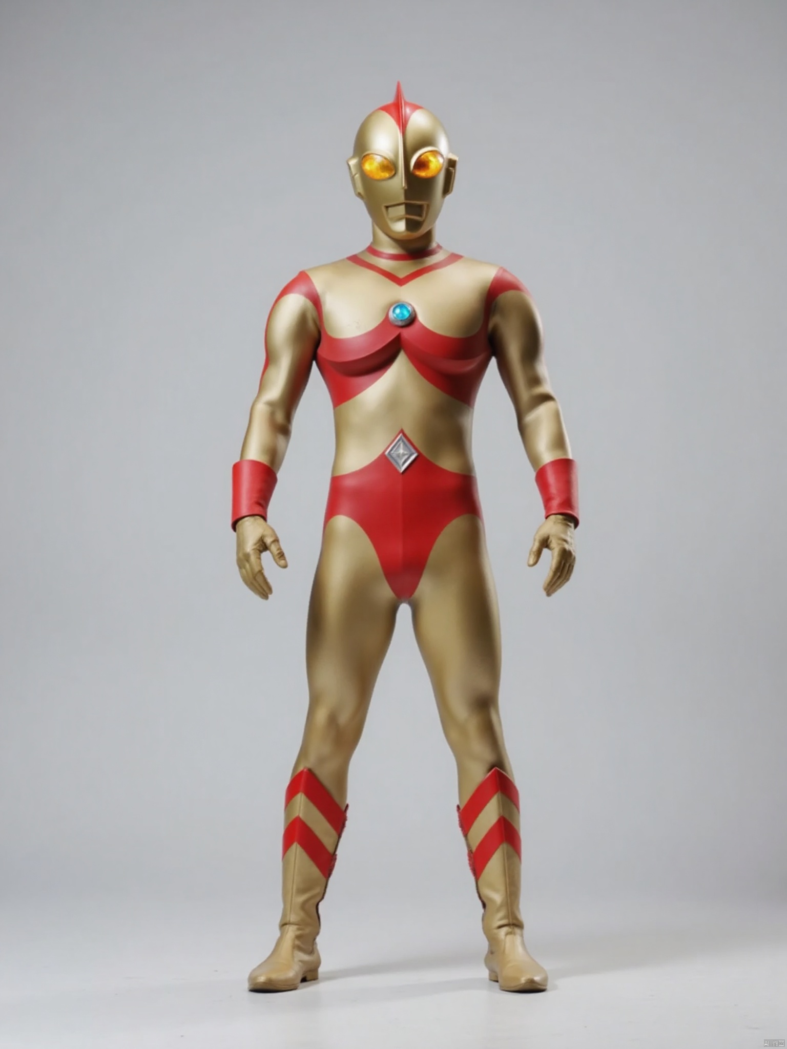 (grey background:1.2),looking at viewer,(SOLO:1.4),outline,simple background,full body,looking at viewer,(((arms at side))),ultraman,golden bodysuit,golden gloves,legwear,gloves,boots,cover,mask,plugsuit,armor,bodysuit,red pattern on body,golden tight-fitting,golden footwear,helmet,leather suit,latex,tokusatsu,no humans,science fiction,golden head,hard mask,no smile,no eyes,no nose,solo,golden rubber bodysuit with red line