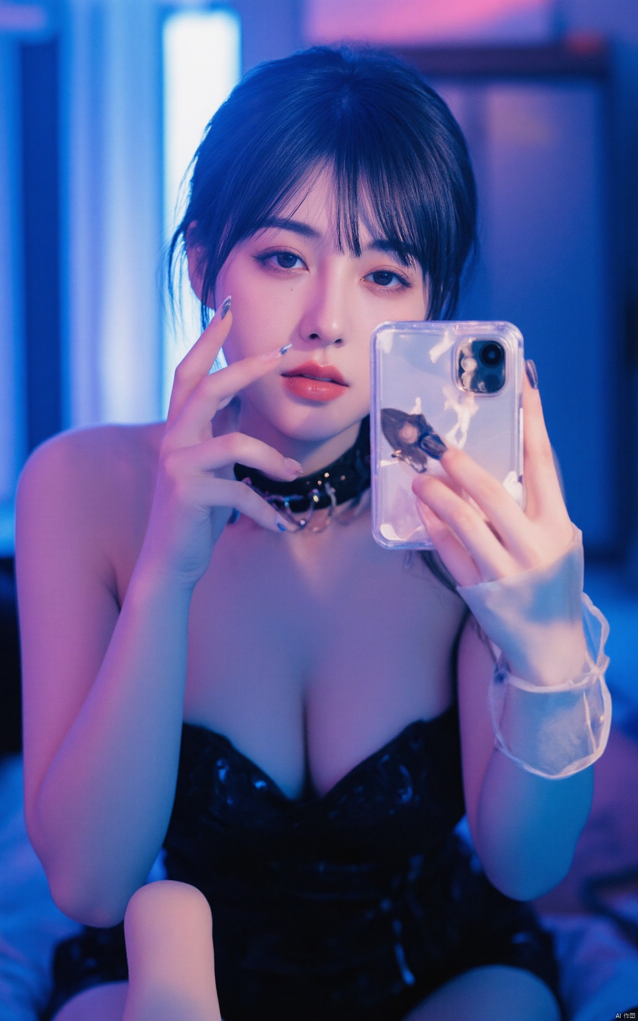 A photograph of beautiful hubggirl, (super realistic, best quality:1.25), depth, cinematic light, BREAK 
Solo, woman, (mirror selfie:1.45), bedroom, sitting, emo, black sequence dress, long hair, two tone hair, black and white hair, bangs, collar, BREAK perfect hands, perfect light, vibrant colors, intricate details, highly detailed skin, pale skin, photorealistic, raw, analog, taken by Sony Alpha 7R IV, Zeiss Otus 85mm F1.4, ISO 100 Shutter Speed 1/400, Vivid picture, intricate background,