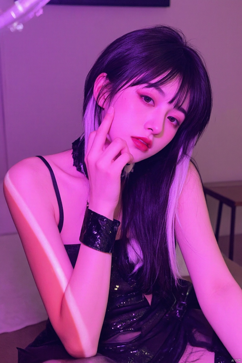 A photograph of beautiful hubggirl, (super realistic, best quality:1.25), depth, cinematic light, BREAK RAW, photo, 8k, very sharp, source_photo, source_real, Solo, woman, (mirror selfie:1.45), bedroom, sitting, emo, black sequence dress, long hair, two tone hair, black and white hair, bangs, collar, BREAK perfect hands, perfect light, vibrant colors, intricate details, highly detailed skin, pale skin, photorealistic, raw, analog, taken by Sony Alpha 7R IV, Zeiss Otus 85mm F1.4, ISO 100 Shutter Speed 1/400, Vivid picture, intricate background,