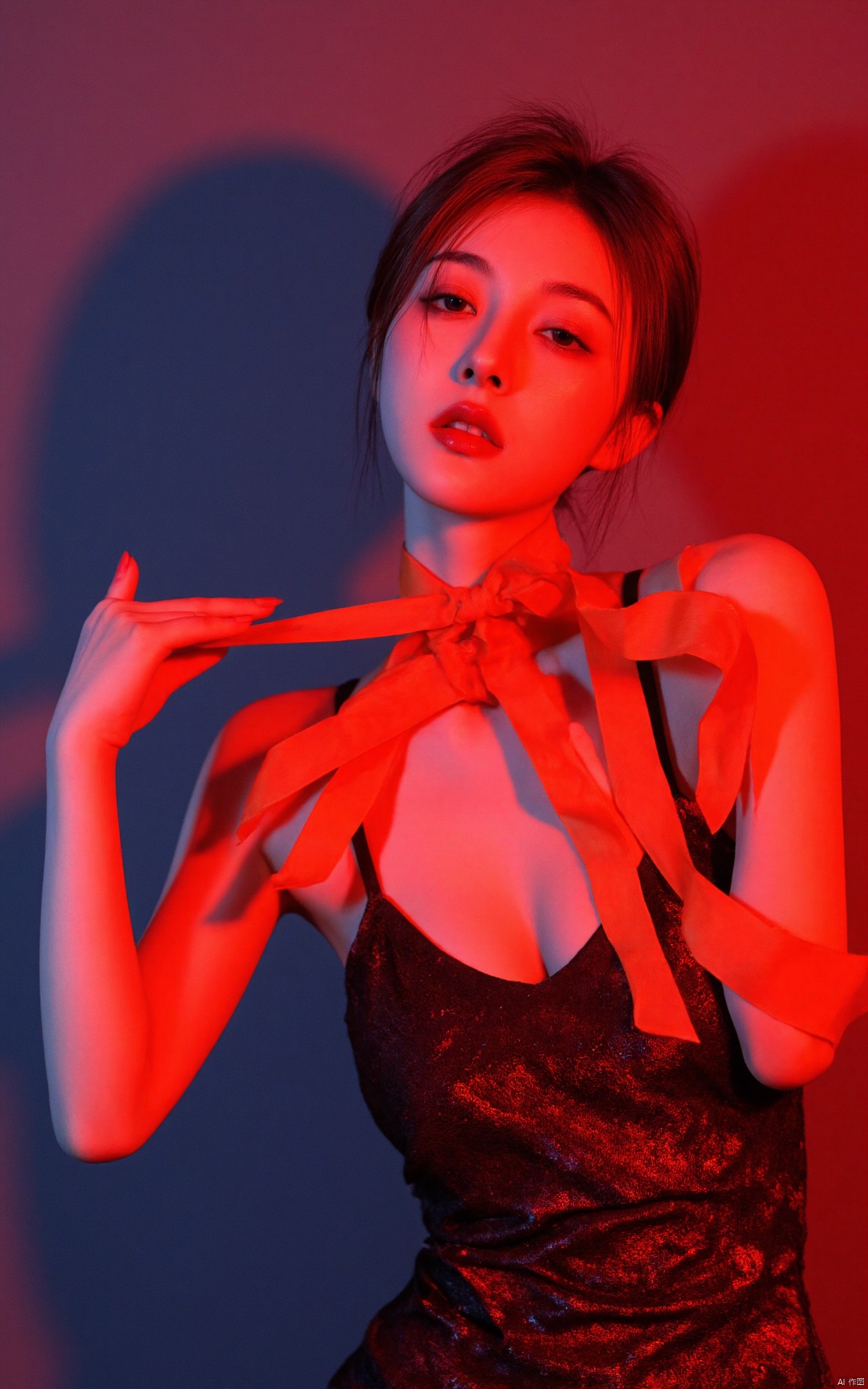 A photograph of beautiful hubggirl, (super realistic, best quality:1.25), depth, cinematic light, BREAK 
21yo girl, solo, looking at viewer, HUBG_Red_Ribbon, upper_body,
BREAK perfect hands, perfect light, vibrant colors, intricate details, highly detailed skin, pale skin, photorealistic, raw, analog, taken by Sony Alpha 7R IV, Zeiss Otus 85mm F1.4, ISO 100 Shutter Speed 1/400, Vivid picture, intricate background,