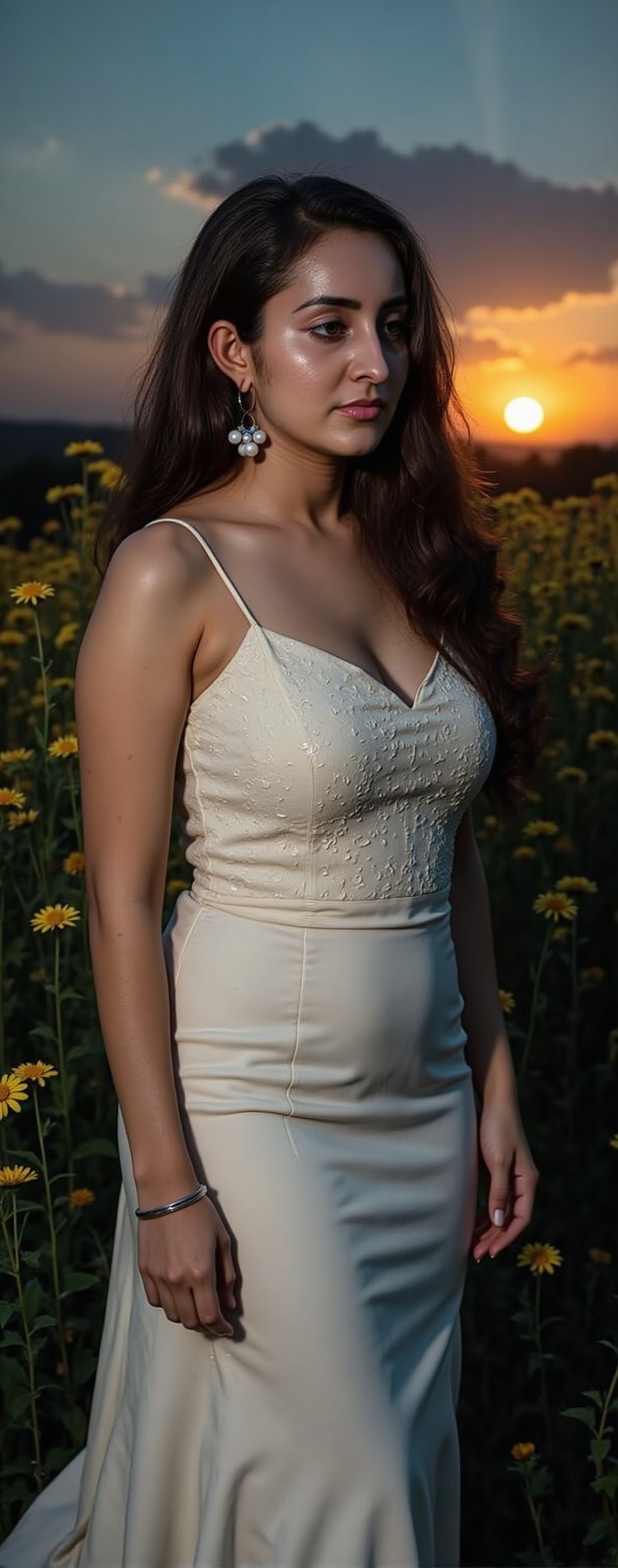 a woman with long dark hair,  wearing a white dress,  stands in a field of wildflowers. The woman's dress is adorned with...