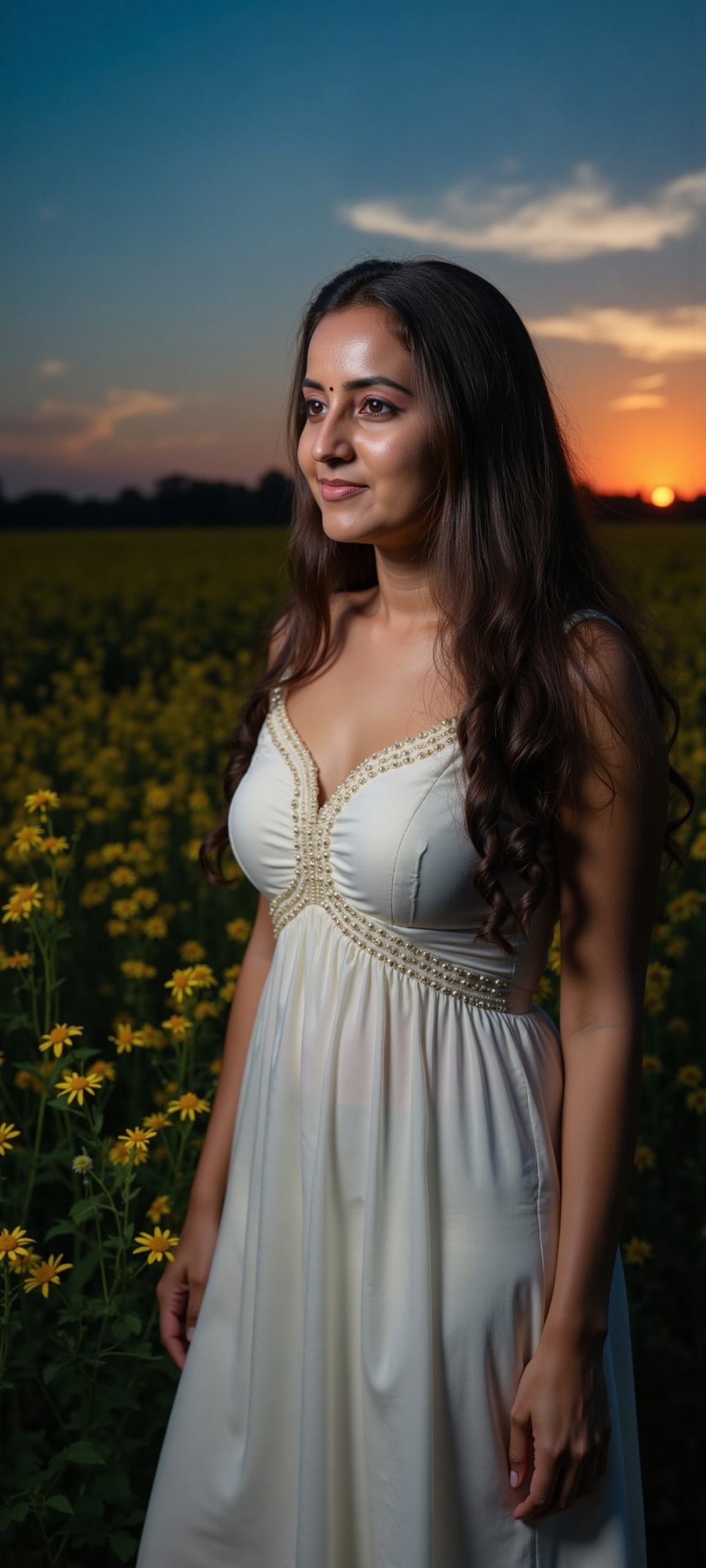 a woman with long dark hair,  wearing a white dress,  stands in a field of wildflowers. The woman's dress is adorned with...