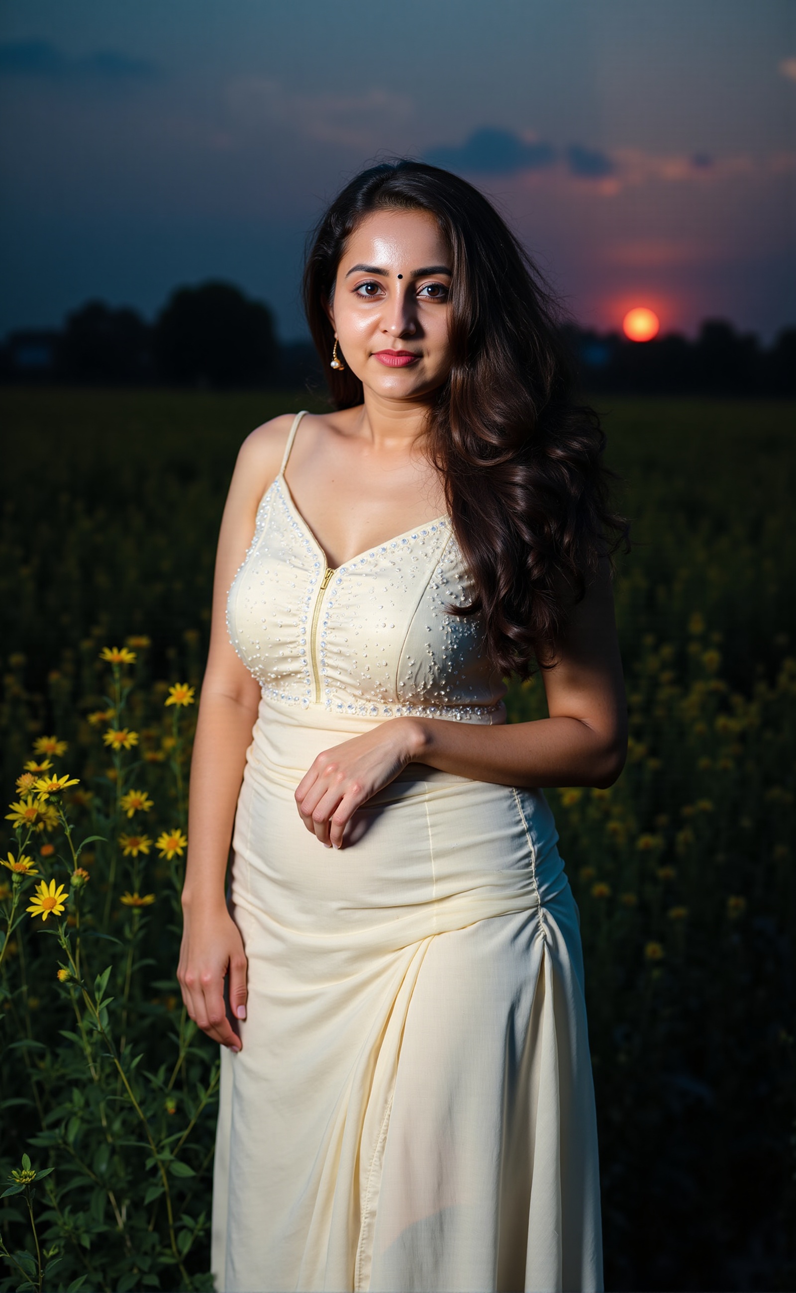 a woman with long dark hair,  wearing a white dress,  stands in a field of wildflowers. The woman's dress is adorned with...