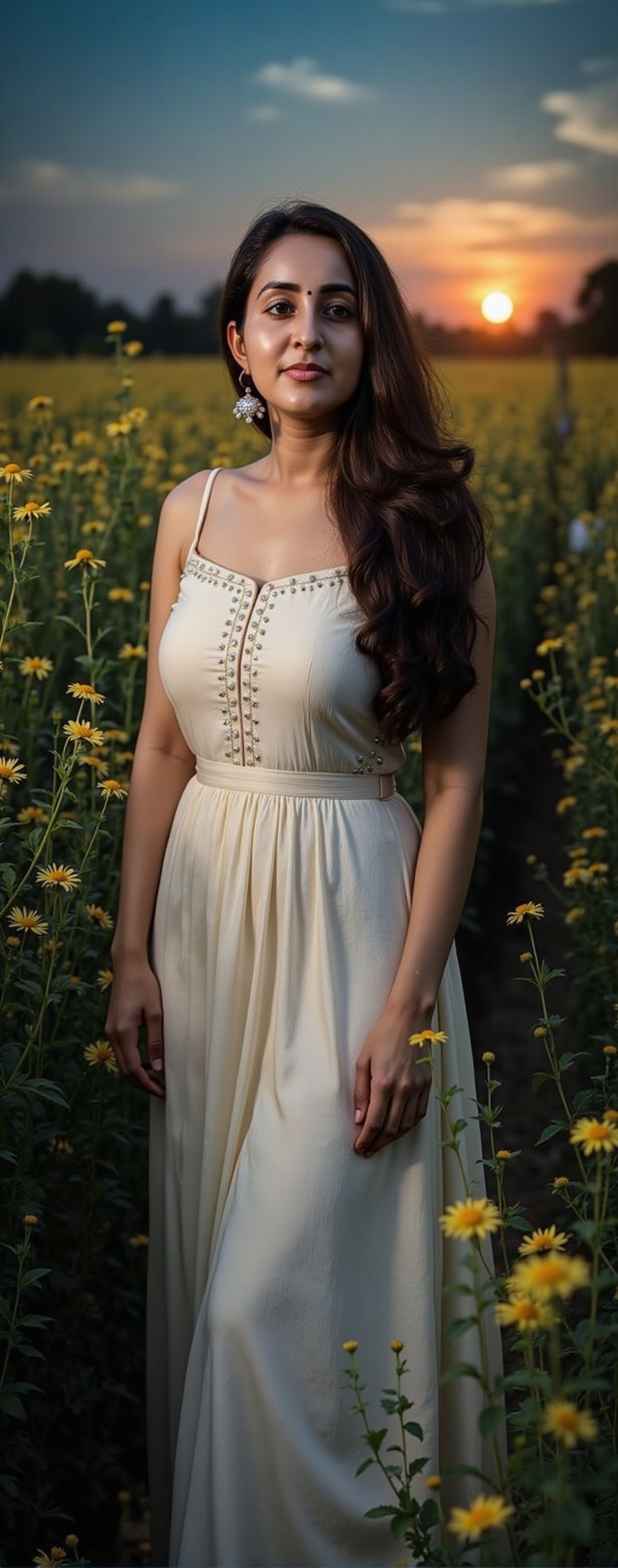 a woman with long dark hair,  wearing a white dress,  stands in a field of wildflowers. The woman's dress is adorned with...