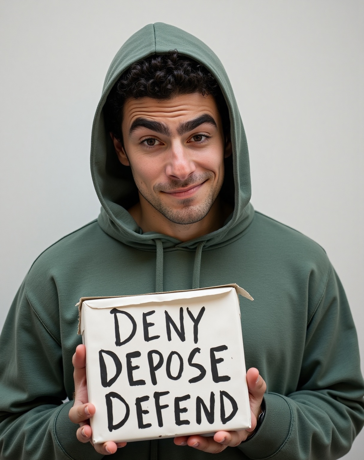Luigi Mangione stands resolute before a blank backdrop,  grey-green hoodie cinched high,  casting a subtle shadow on his v...