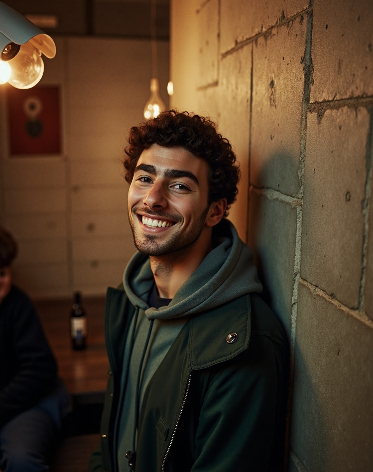 Luigi Mangione,  a vibrant young man with curly dark brown hair and radiant smile,  stands out against the concrete backdr...