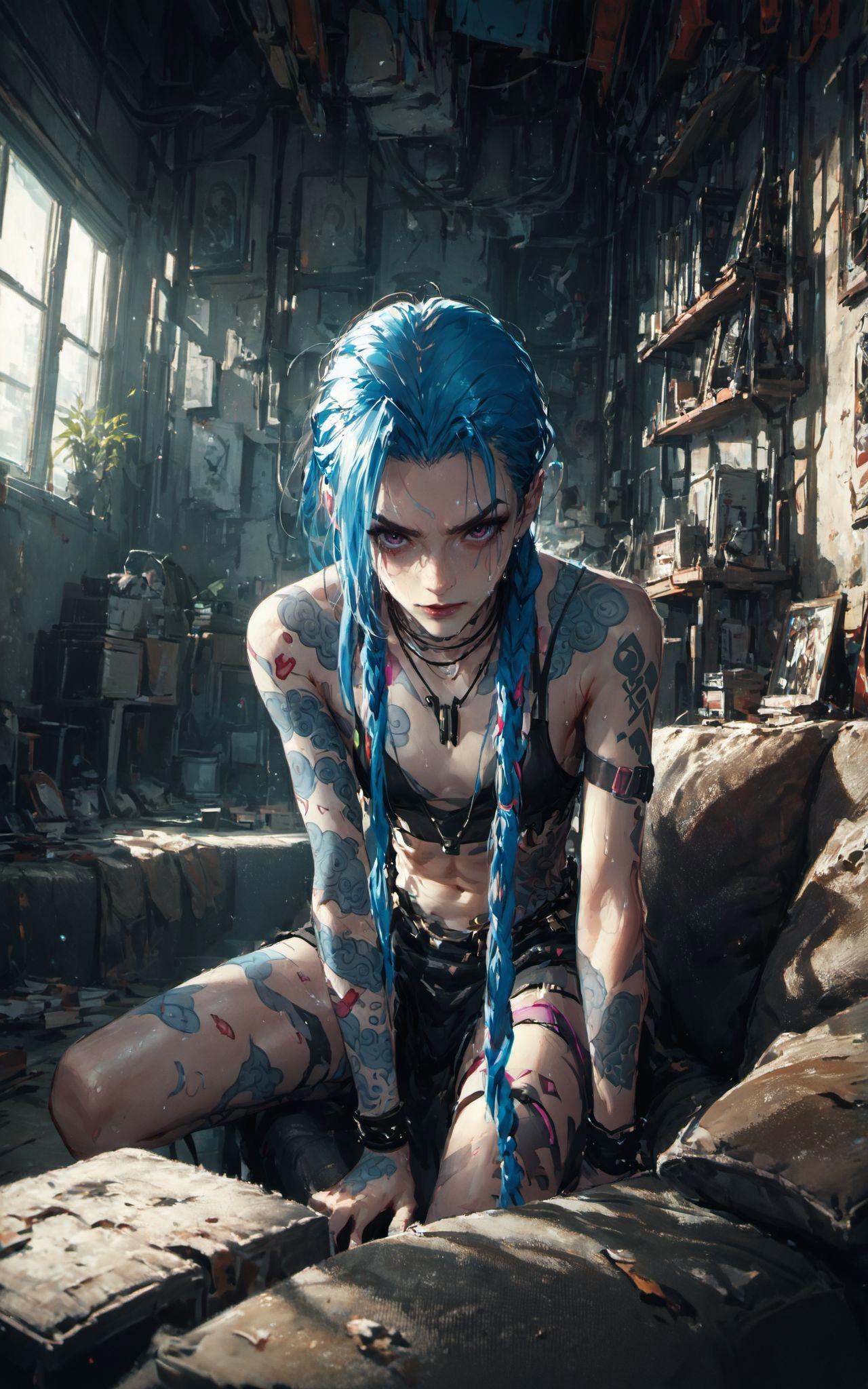 XUER guangying,<lora:绪儿光影滤镜XUER guangying:0.8>,score_9,score_8_up,score_7_up,source_anime,jinx_(league_of_legends),sweating profusely,living room,couch,body tattoo,pov,concept art,realistic,ExpressiveH,