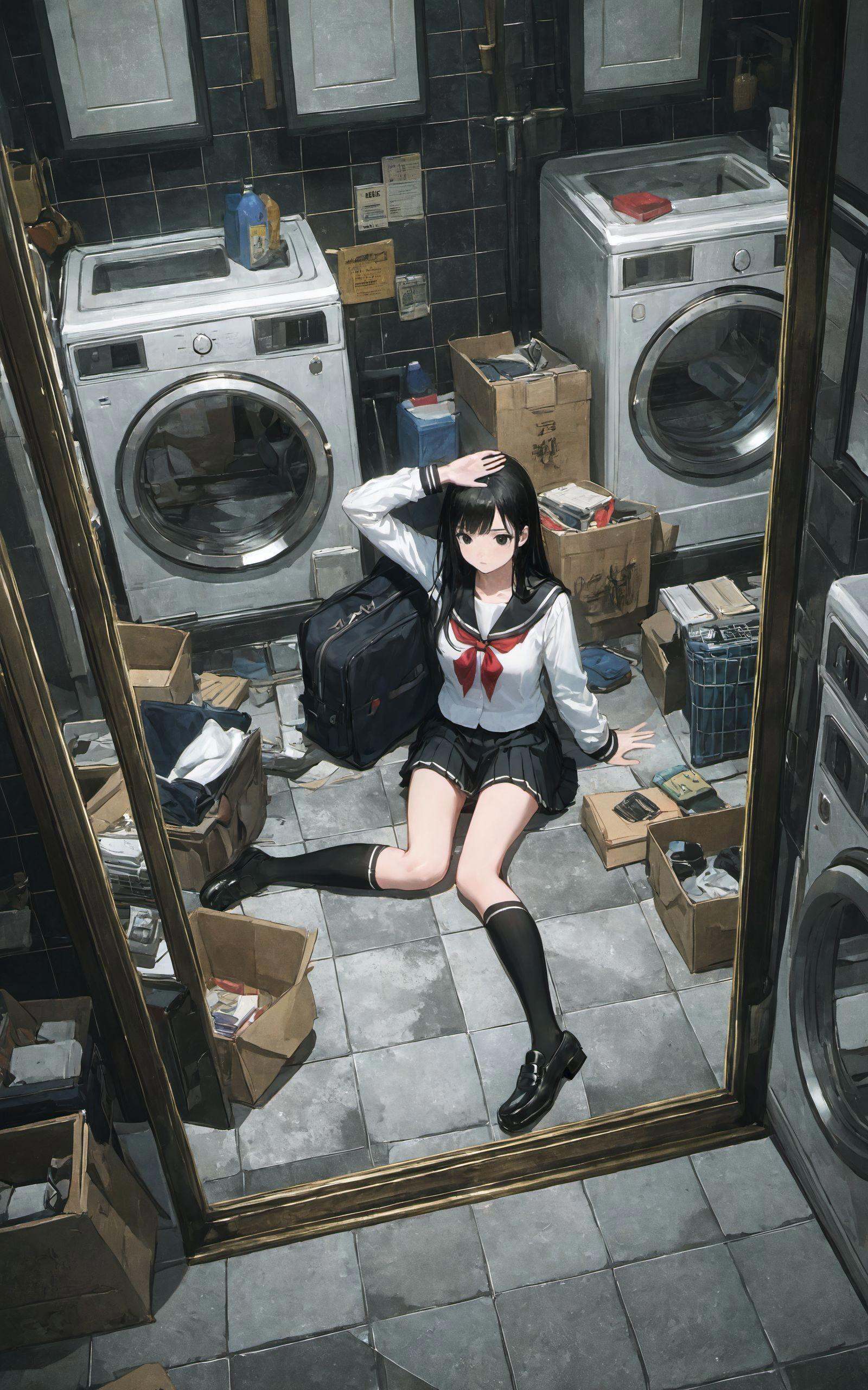 XUER guangying,1girl,solo,long hair,skirt,shirt,black hair,long sleeves,sitting,school uniform,(white shirt:1.4),pleated skirt,socks,indoors,black skirt,sailor collar,bag,black footwear,book,kneehighs,bottle,black socks,loafers,box,black sailor collar,mirror,school bag,tiles,tile floor,washing machine,highly detailed,ultra-high resolution,32K UHD,sharp focus,best-quality,masterpiece,golden  hour,unconventional    supreme  masterpiece,masterful details,temperate atmosphere,with a high-end texture,in the style of fashion photography,Dynamic Angle,(Dynamic posture:1.1),temptation,<lora:绪儿光影滤镜XUER guangying:0.8>,