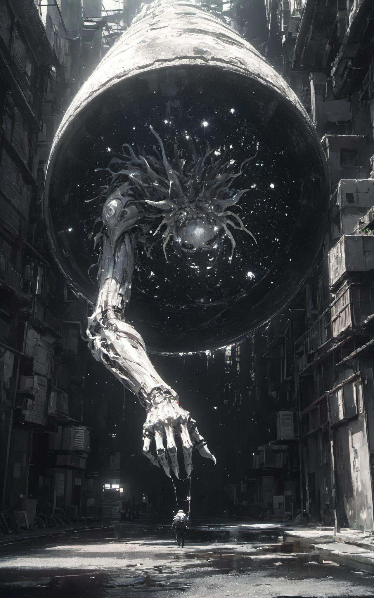 XUER guangying,<lora:绪儿光影滤镜XUER guangying:0.8>,score_9,score_8_up,score_7_up,source_anime,XUER gufeng,inky silhouette of a fragmented woman with dot-speckled skin,nestled in a mosaic of monochrome and metallix hues,sprouting zentangle limbs amidst an urban ukiyo-e skyline,under a star-tinged graffiti nebula that breathes uncanny life,
