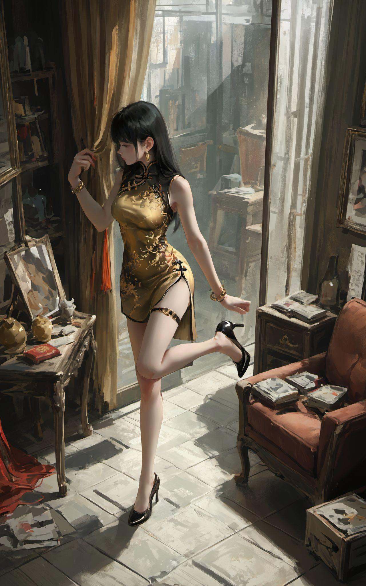 XUER guangying,<lora:绪儿光影滤镜XUER guangying:0.8>,score_9,score_8_up,score_7_up,score_6_up,score_5_up,score_4_up,1girl,solo,long hair,breasts,bangs,black hair,closed mouth,standing,full body,sleeveless,high heels,bare legs,thigh strap,sleeveless dress,chinese clothes,leg up,standing on one leg,china dress,side slit,golden dress,indoors,book,bottle,box,mirror,tiles,tile floor,(from above:1.3),(from side,profile:1.1),highly detailed,ultra-high resolution,32K UHD,sharp focus,best-quality,masterpiece,golden  hour,unconventional    supreme  masterpiece,masterful details,temperate atmosphere,with a high-end texture,curtains,table,couch,bead_bracelet,black_pantyhose,tassel,earrings,