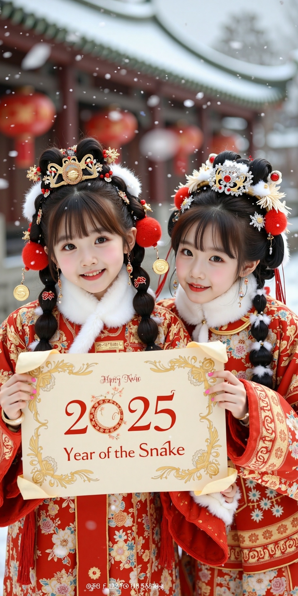 Long hair, looking at viewer, smile, bangs, multiple girls, brown hair, black hair, hair accessories, 2girl, jewelry, earrings, outdoor, chinese hanfu, snow, architecture, east asian architecture, cloud edge girl holding open hands Scroll paper with the words "Happy New Year 2025 Year of the Snake" written on it, the girl on the right is holding golden ancient Chinese coins, gold ingots in her hands