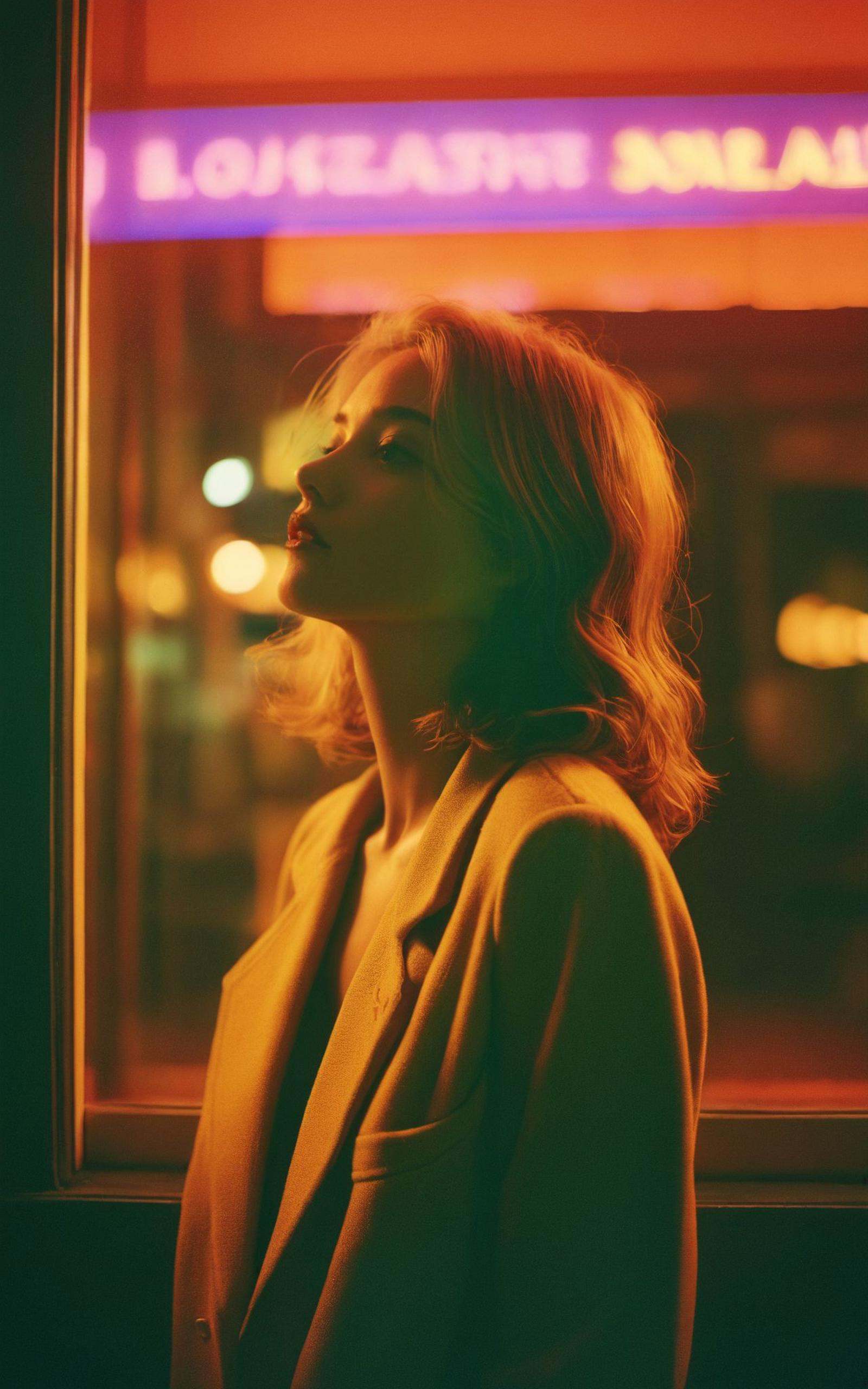 A portrait photography,neon night,a girl standing at a street-facing window looking out into the street,light dapper and trance,full of unrealistic feelings,psychedelic,elegant,sexy and a touch of nostalgia,soft light,soft tones,dreamlike quality,emotion,atmosphere,fashion magazines,celebrity photography,by Guy Aroch,shot on Lomography Redscale XR 50-200,