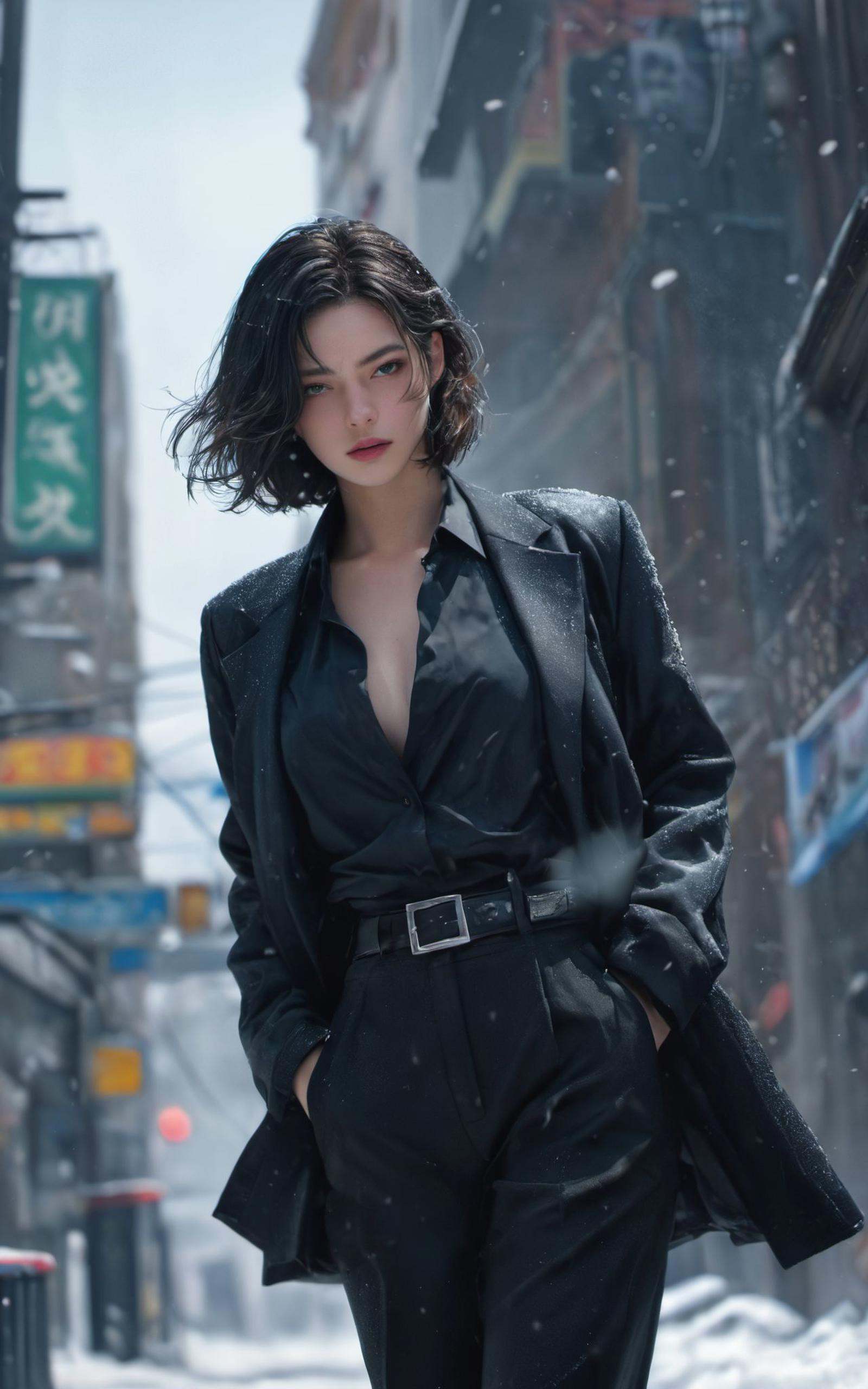 (8k, RAW photo, highly detailed,masterpiece, highest quality),rich colors,high contrast,full shot body photo of the most beautiful artwork in the world,cinematic light,fantasy,highres,xuer film still,1girl,solo,looking at viewer,short hair,shirt,black hair,long sleeves,standing,collarbone,jacket,cowboy shot,outdoors,parted lips,open clothes,collared shirt,belt,pants,blurry,lips,coat,black jacket,black shirt,depth of field,blurry background,black pants,from below,building,snow,buckle,belt buckle,snowing,city,realistic,jacket on shoulders,<lora:绪儿电影剧照-xuer film still:0.8>,