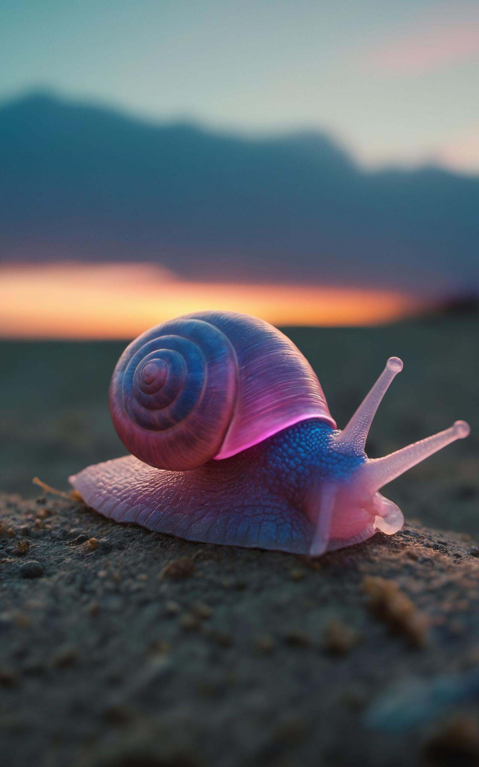 subsurface scattering,small Garald Betram Snail closeup,Neon Pink/Blue sss snail,Gary from SpongeBob infront of Sunset,atmospheric haze,Film grain,cinematic film still,shallow depth of field,highly detailed,high budget,cinemascope,moody,epic,OverallDetail,2000s vintage RAW photo,photorealistic,candid camera,color graded cinematic,atmospheric lighting,imperfections,natural,shallow dof,