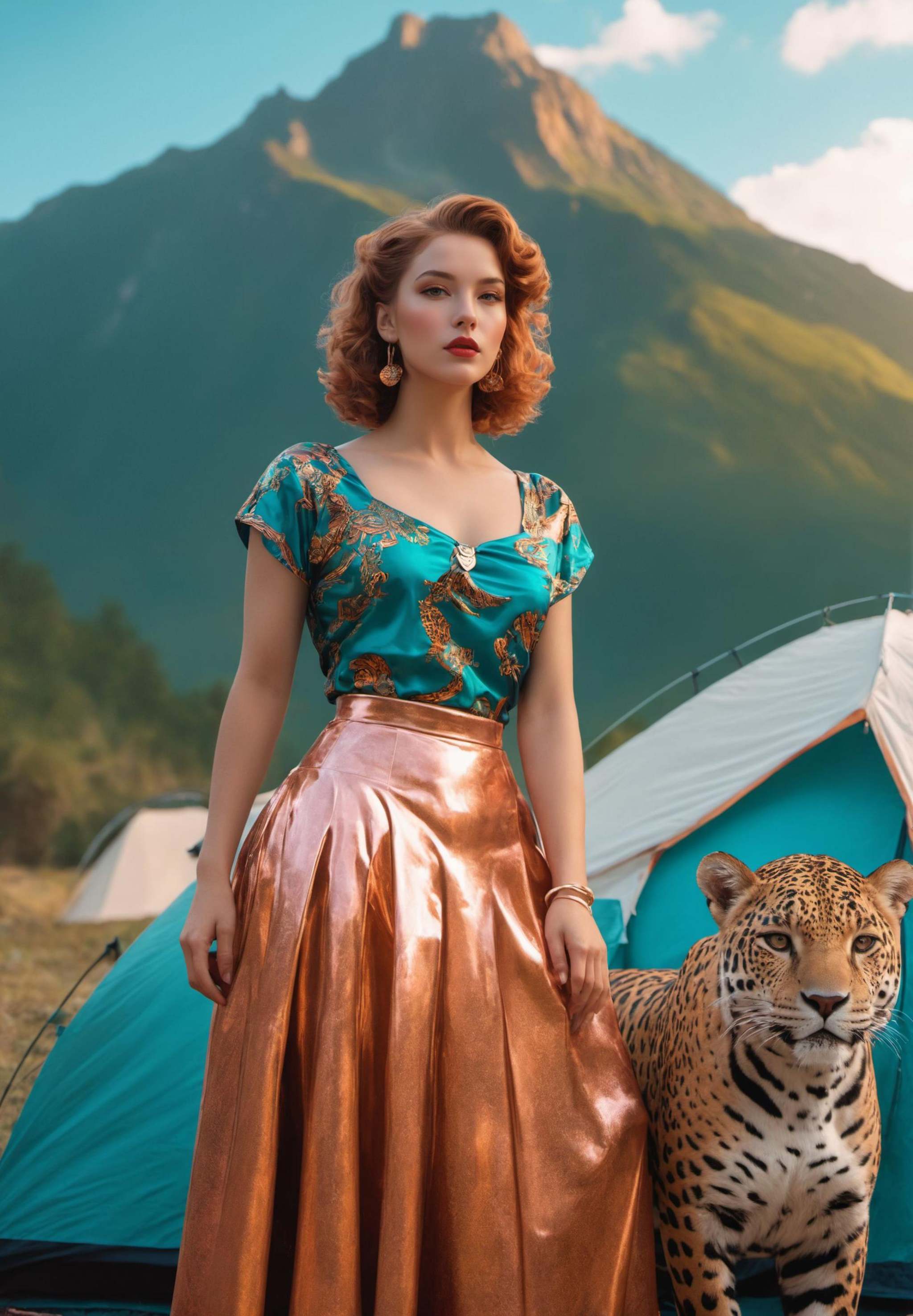 gVaporwave,cyberdelic,Ethereal Awe-Inspiring Guy,Camping,wearing Copper and Teal Skirts with Jaguar designs,Classic Disney,Artgerm,portrait art by Louise Dahl-Wolfe,(8k, RAW photo, highly detailed,masterpiece, highest quality),rich colors,high contrast,full shot body photo of the most beautiful artwork in the world,cinematic light,fantasy,highres,(detailed face),