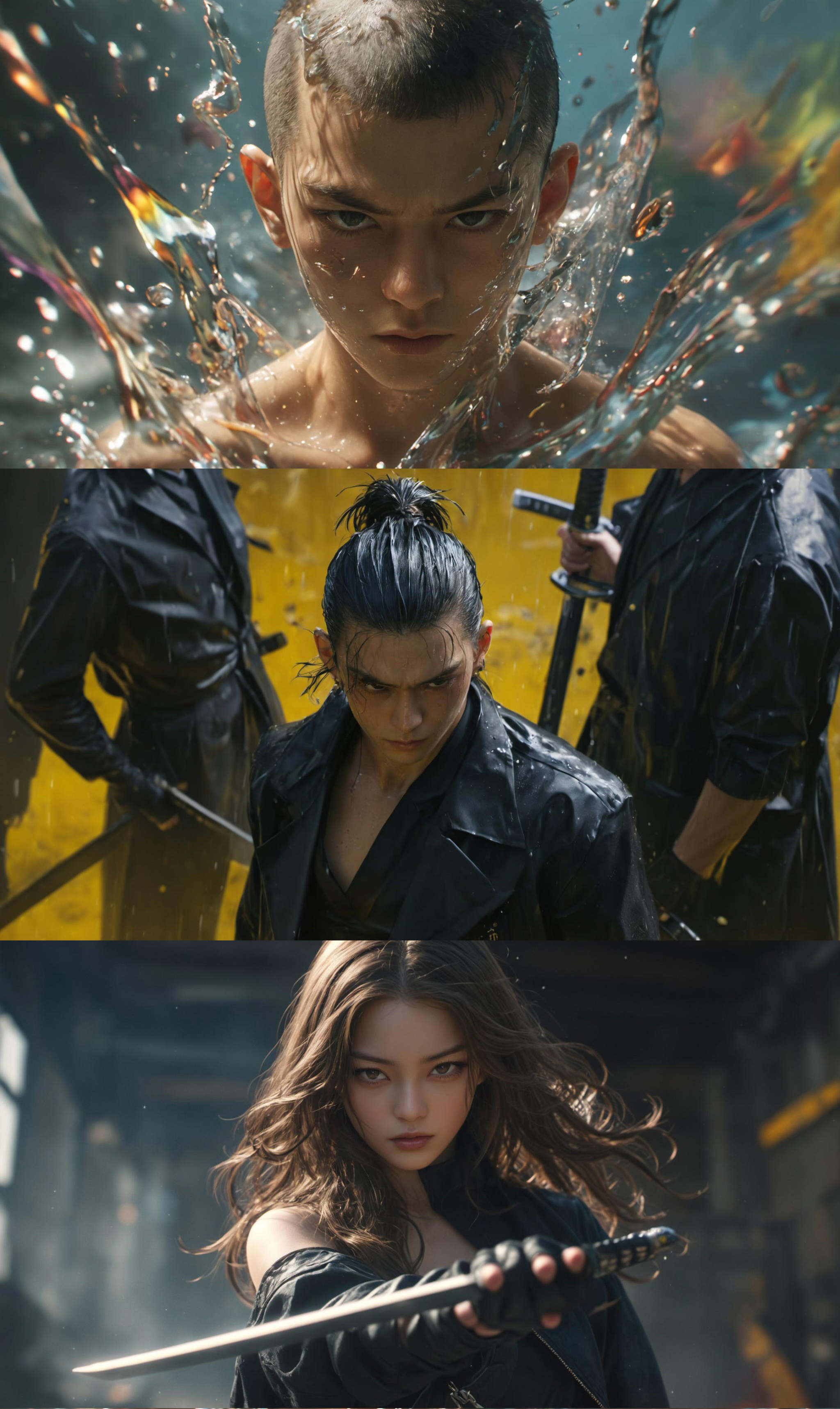 (8k, RAW photo, highly detailed,masterpiece, highest quality),rich colors,high contrast,full shot body photo of the most beautiful artwork in the world,cinematic light,fantasy,highres,xuer film still,1girl,solo,long hair,looking at viewer,brown hair,gloves,holding,brown eyes,upper body,weapon,black gloves,sword,fingerless gloves,holding weapon,blurry,lips,building,realistic,<lora:绪儿电影剧照-xuer film still:0.8>,
