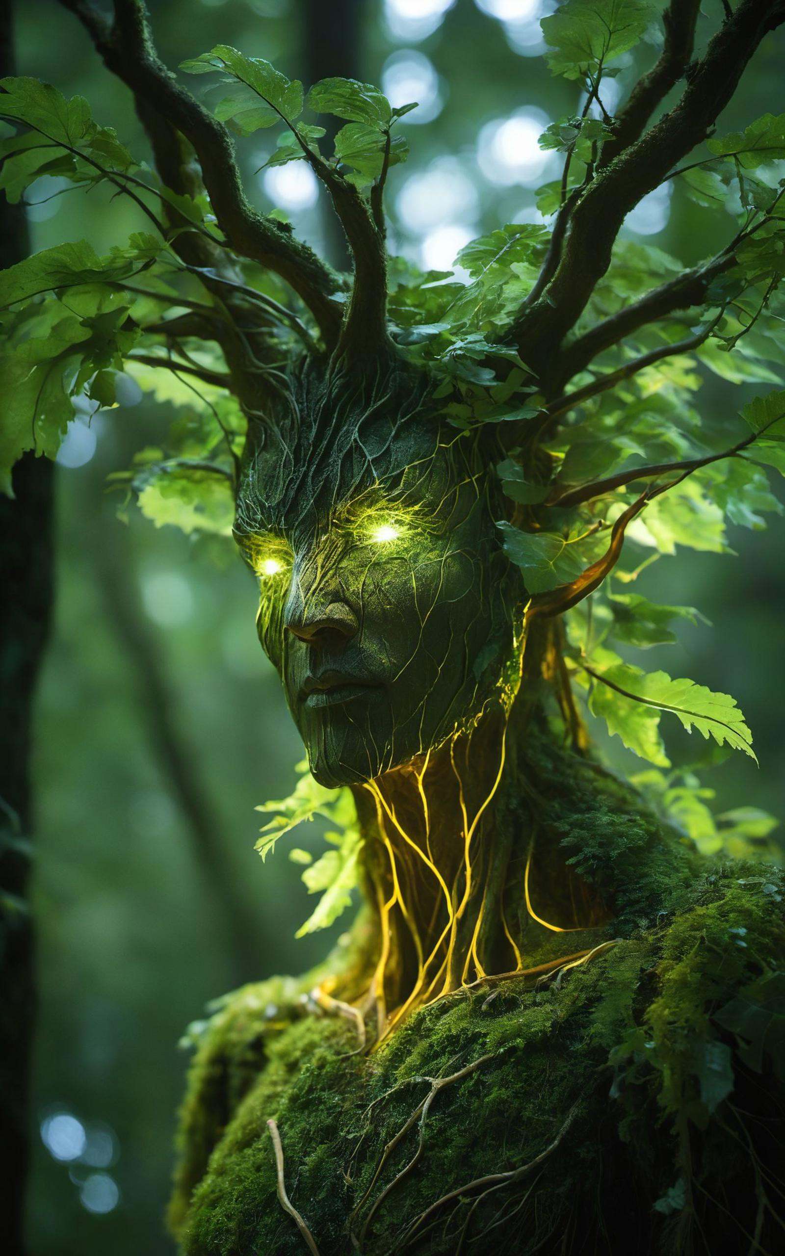 macro shot of a glowing forest spirit,leafy appendages outlined with veins of light,eyes a deep,enigmatic glow amidst the foliage.,