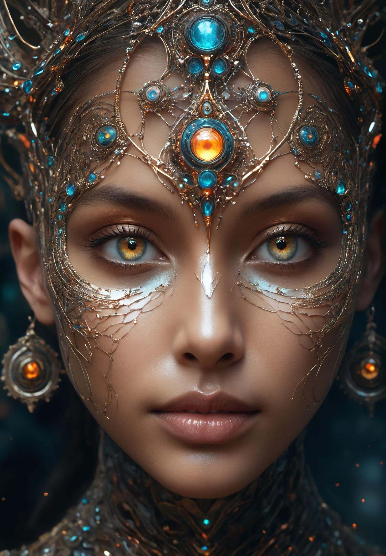 (8k, RAW photo, highest quality),hyperrealistic abstract style portrait of an otherworldly being with metallic skin,glowing orbs for eyes,and intricate fractal patterns emanating from their face,non-representational,colors and shapes,expression of feelings,imaginative,highly detailed,<lora:XL绪儿-引魂灯:0.6>,