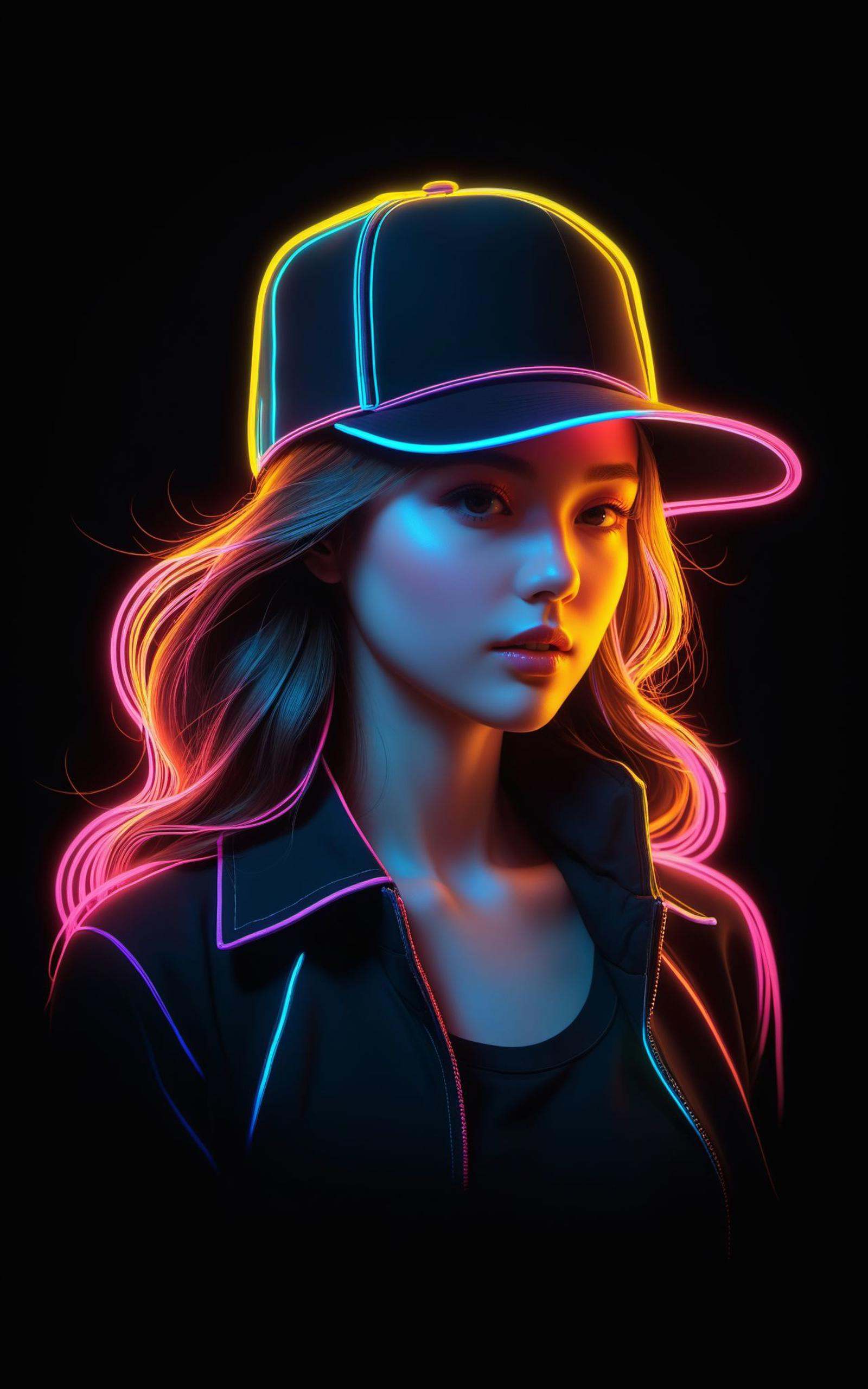 masterpiece,best quality,illustration,volumetric lighting,symmetry BREAK1girl,hat,neon,lineart,black background,