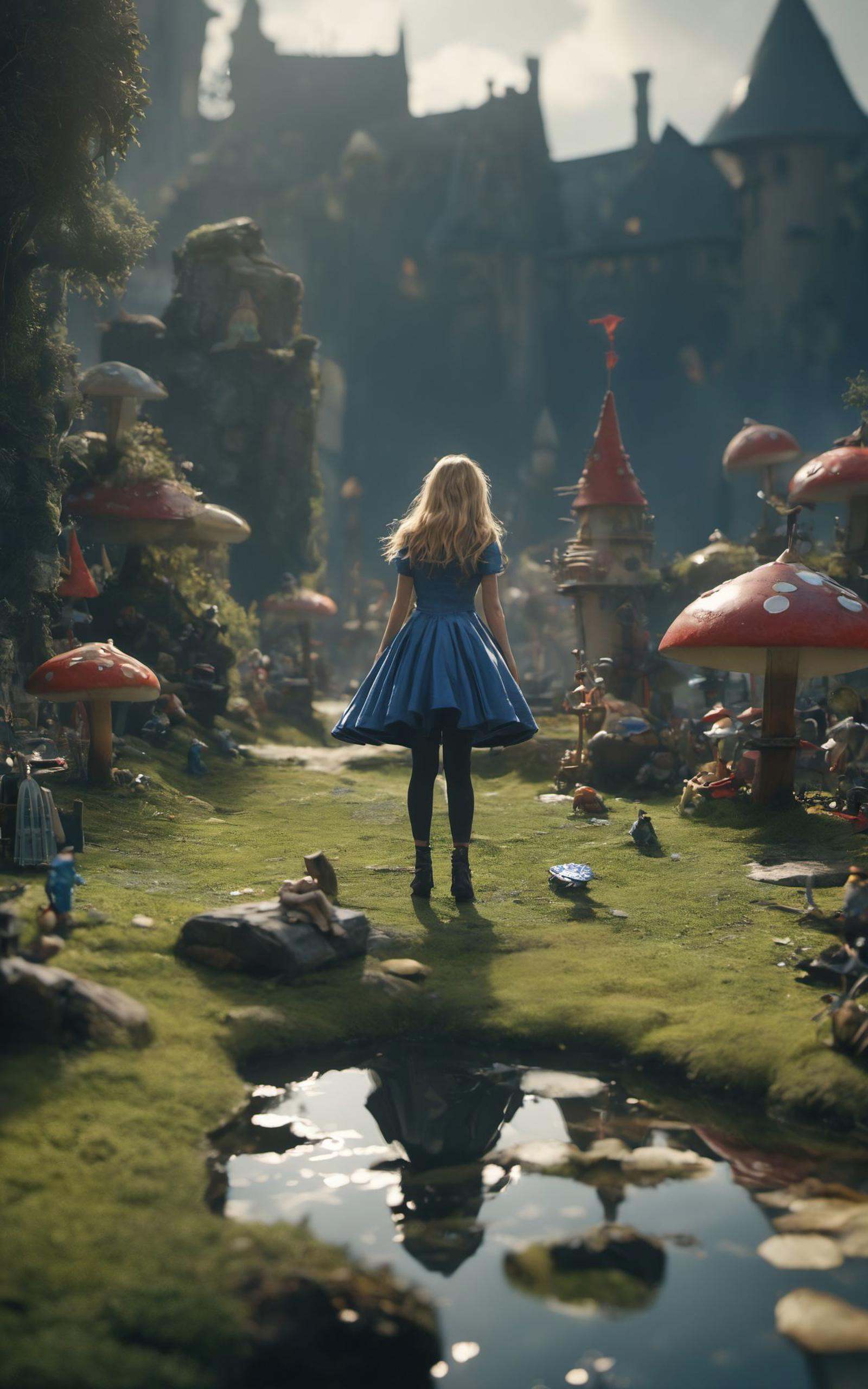 Alice's Adventures in Wonderland,Tilt-shift lens shooting,Epic CG masterpiece,surrounded by huge pieces,luminous reflections,dark indigo and light gray,meticulous military scenes,refined aesthetic sensibility,heavy shading,photorealistic 32K resolution,
