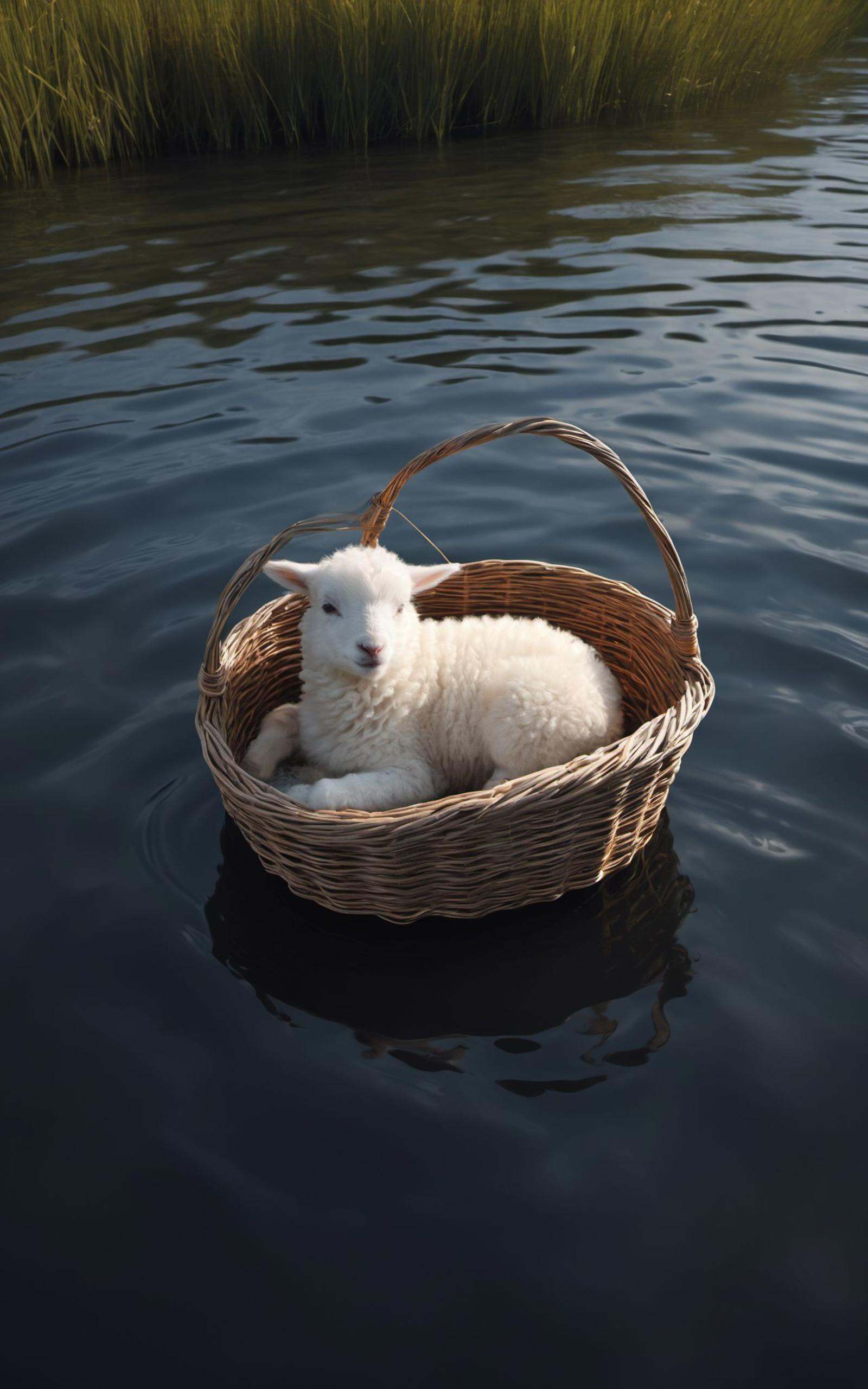 3d depth of field Simulation,A wicker basket floats down the river,an newborn fluffy lamb lies in the basket,depth of lenticular,bold lines async,deep blacks,illuminated from behind,holy Aura,Long dense grown river,