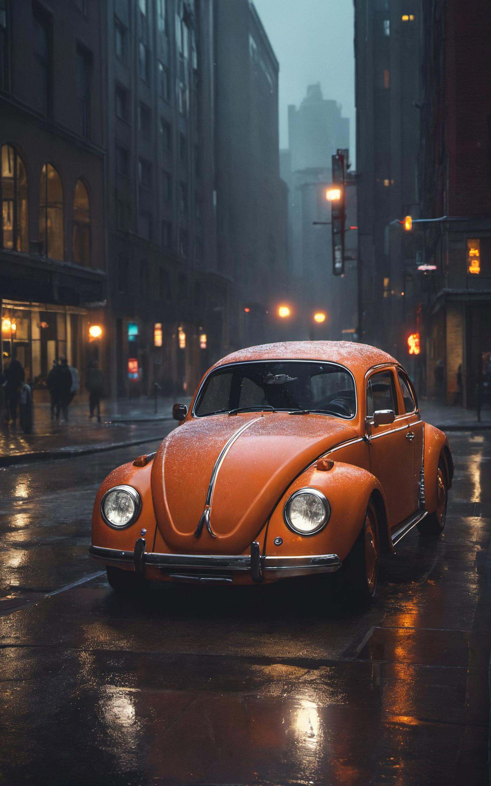 A stunning and realistic CGI rendering of a Volkswagen Beetle cruising along a bustling nighttime city street. The car's vibrant orange hue stands out against the dark surroundings,with its headlights illuminating the scene and casting a warm glow on the wet pavement. In the corner of the image,a traffic light changes colors,and a fire hydrant sits by the curb. The 16:9 aspect ratio captures the dynamic cityscape,with towering buildings and neon lights reflecting on the wet streets. The attention to detail and atmospheric elements create a sense of depth and dimension,immersing the viewer in the urban night scene.,