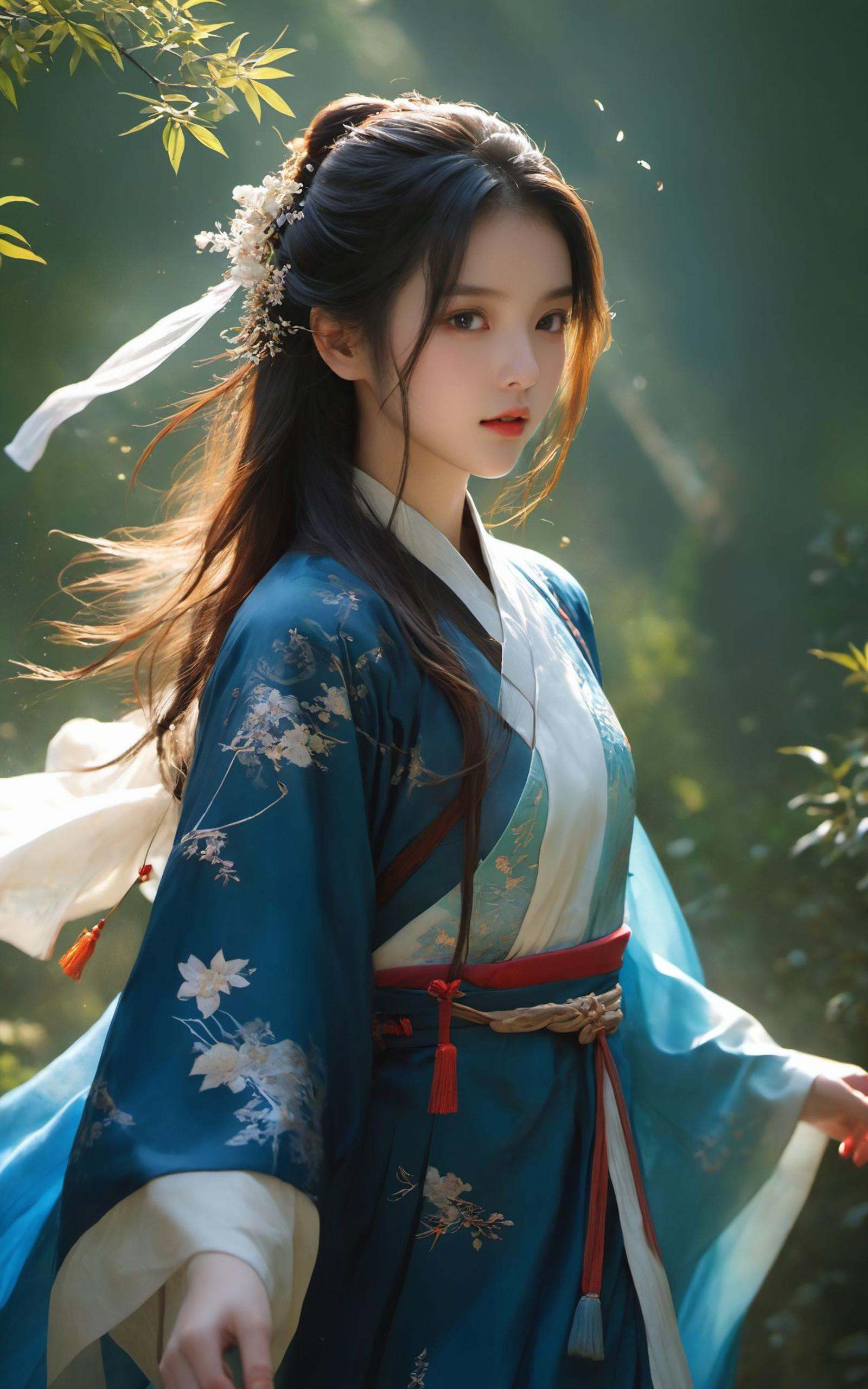 Textured skin,skin particles,1girl,hanfu,blue print,looking at view,outdoors,forest,sunlight passing through leaves,shrubs,flowers,wind blowing hair,light ray,(rimming light:1.3),<lora:XL绪儿-引魂灯:0.6>,
