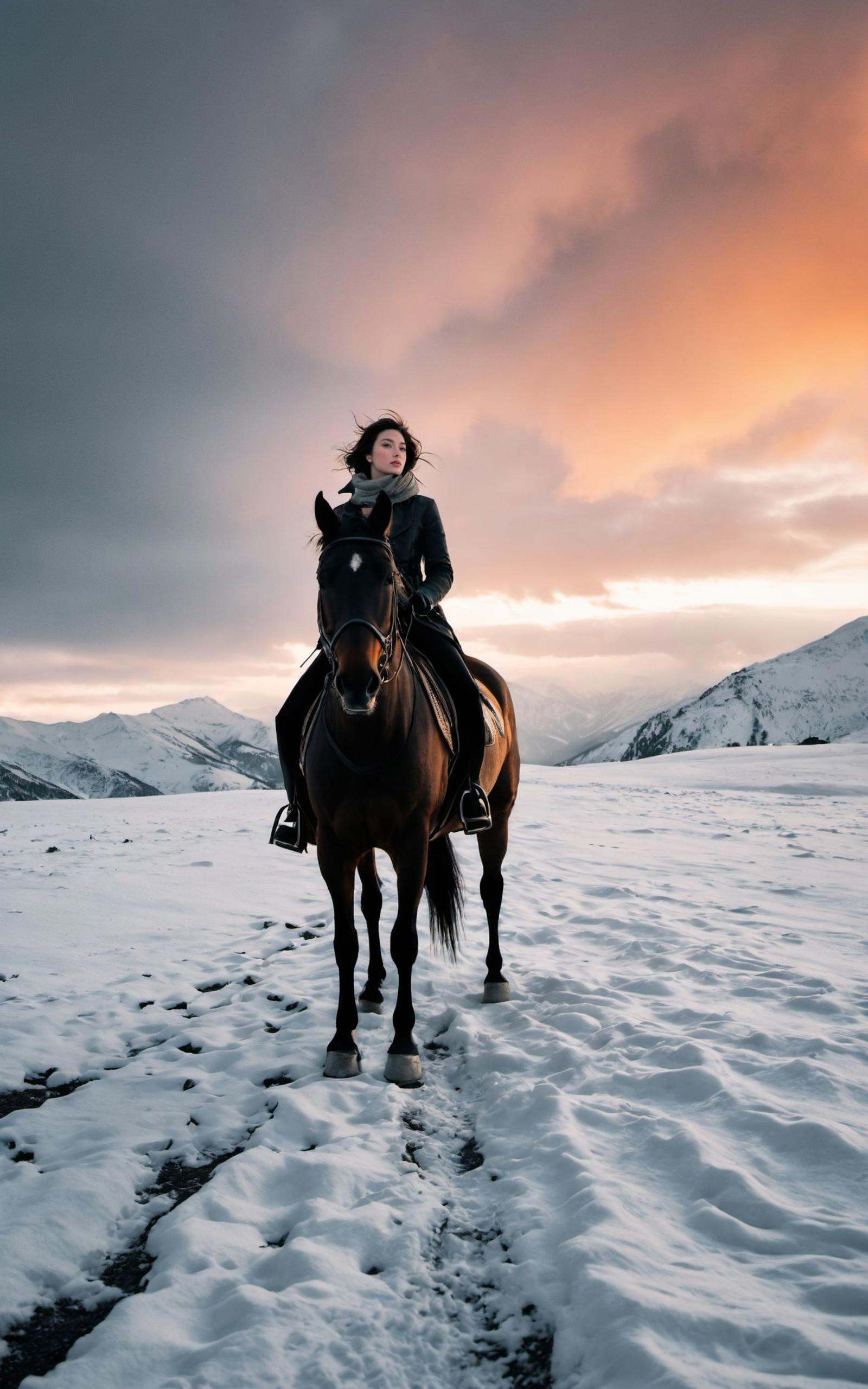 A woman covered her face and riding a fine horse,Rembrandt Light,Saint Laurent style,Foggy weather,Major Snow,gale,Surreal Dramatic Light Shadow (Lofi, Simulation, Kodak Film),(Movie, black, white:1.4)(hdr:1.2),low contrast,low saturation,texture,8k,4k,(The background is the Snow and Snow Mountains:1),Heavy snowfall falling,Wide angle lens,Photography Color,Panoramic shooting,golden hour,aesthetic of mosaic art,unconventional supreme masterpiece,masterful details,temperate atmosphere,(balanced center composition:0.5),with a high-end texture,in the style of fashion photography,magazine cover,Dynamic Angle,Dynamic posture,Perspective,High Point,pov,clouds on the ground,dark grey sky with neon orange clouds,glowing neon light orange and pink color tone,low saturations,dim lighting,
