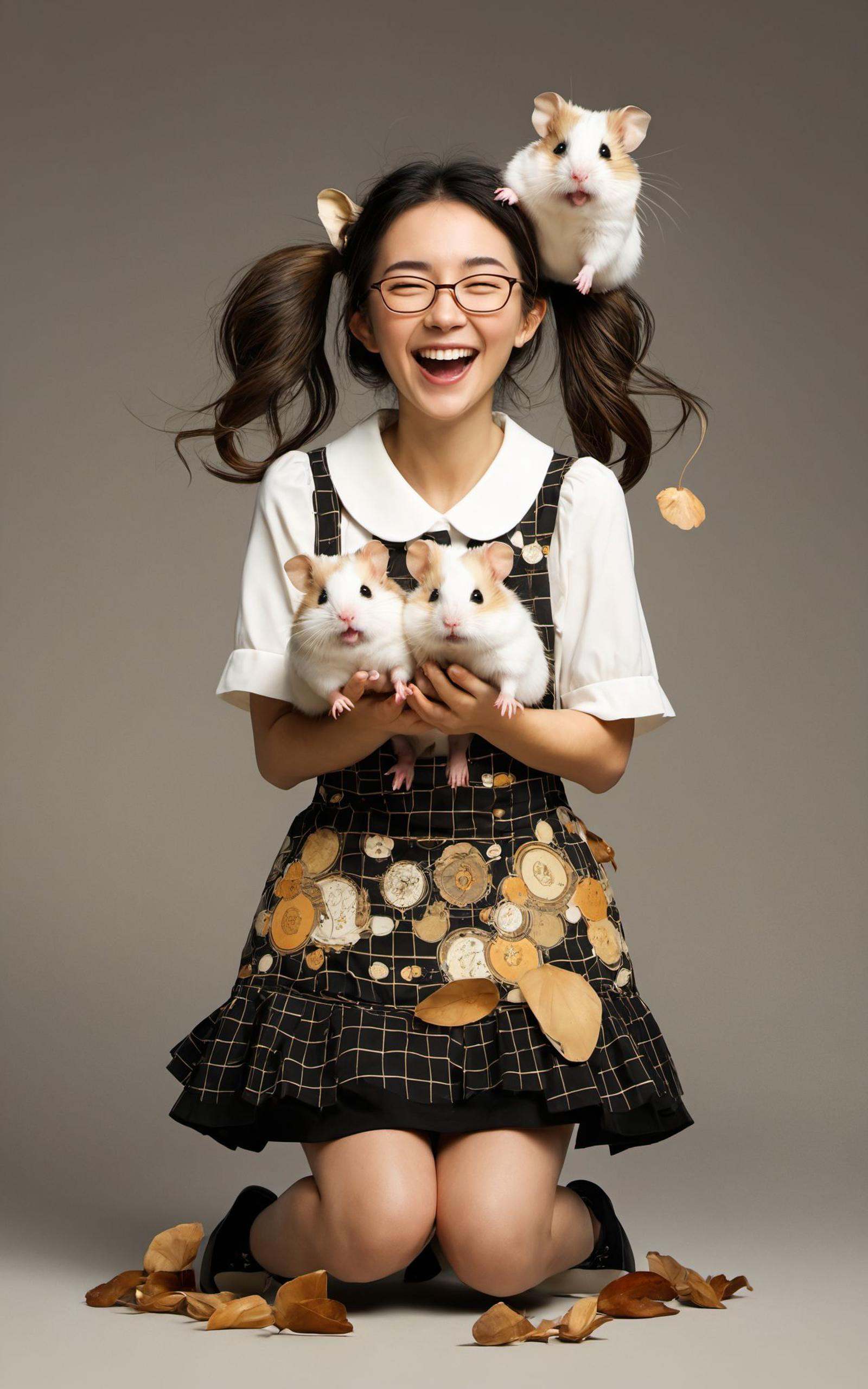 full body length 8k  by ((( Brian Kesinger ) and  Alesya Osadchaya ) and  Saul Tepper ) and  Brad Kunkle,cute happy woman holding up two cute hamsters while laughing maniacally,dual wielding hamsters,