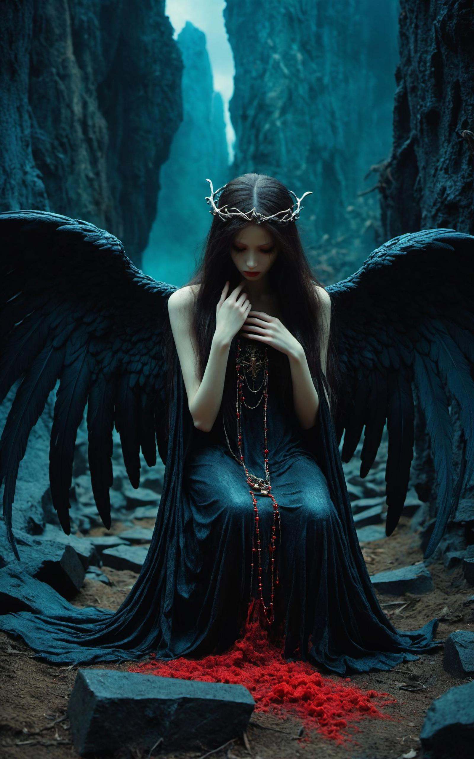 1girl,solo,long hair,looking at viewer,jewelry,beauty and darkness. dead angel Laing,scary laree angel sculpture,The death angel kingdom is a place of contrasts dark and red scary tension colours,where death consume landscape,otherworldly stillness,their peaks obscured by swirling mist,create a majestic backdrop for the kingdom. The air is heavy with an otherworldly stillness,broken only by the soft rustling of wings as death angels,tapestry of haunting beauty. Dark,delve into the depths of the death angel kingdom,exploring the themes of life,death,and the transcendence of the human spirit.sad,bad tension,broken scary sculpture,sculpture representing death and sorrow,scary tension,end of hopes,silence,extremely detailed,dark,sad,digital artwork by Beksinski,pale complexion,film grain texture,analog photography aesthetic,visual storytelling,dynamic composition,looking at viewer,eye contact,