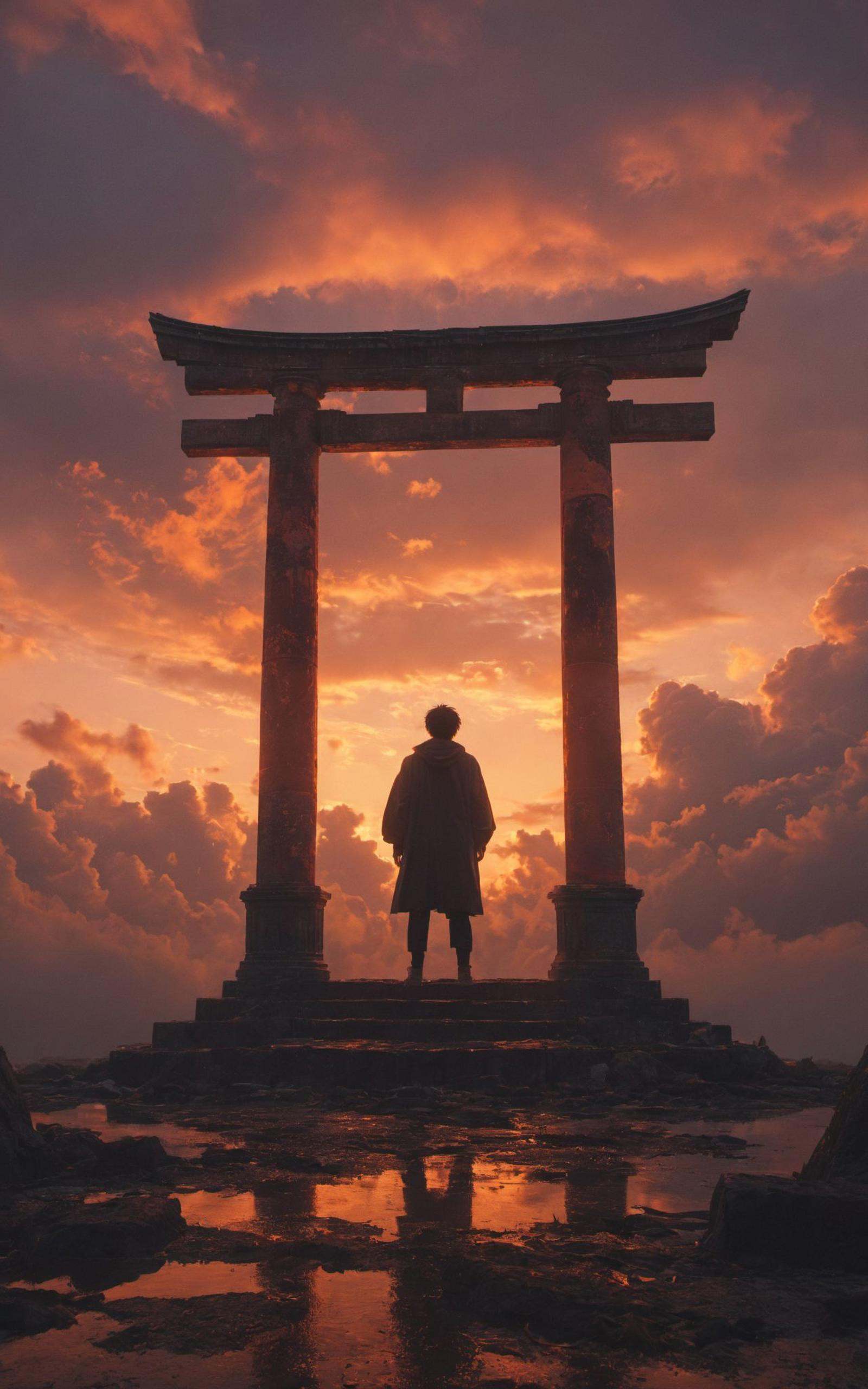 (RAW photo, highly detailed,masterpiece, highest quality),rich colors,high contrast,full shot body photo of the most beautiful artwork in the world,cinematic light,fantasy,highres,xuer film still,solo,black hair,1boy,standing,male focus,outdoors,sky,cloud,from behind,bird,cloudy sky,scenery,sunset,facing away,torii,ruins,wide shot,pillar,<lora:绪儿电影剧照:0.6>,unconventional supreme masterpiece,masterful details,temperate atmosphere.                      (balanced center composition:0.5),clouds on the ground,dark grey sky with neon orange clouds,glowing neon light orange and pink color tone,low saturations,dim lighting,highly detailed,ultra-high resolutions,32K UHD,best quality,masterpiece,