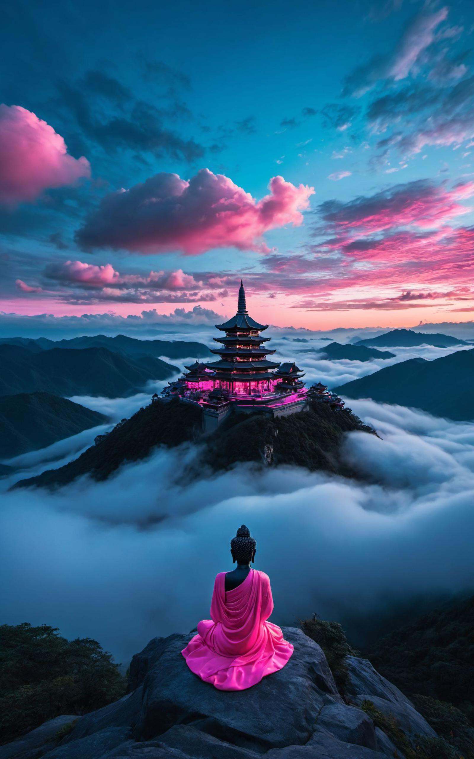 breathtaking (otherworldly),highly insanely detailed,masterpiece,top quality,best quality,highres,4k,8k,RAW photo,(beautiful and aesthetic),Fantasy style,oriental scenery,wonderland,vista,clouds,mountains,Buddha light,giant Buddha,Silhouettes of people,dazzling,rich colors,(mewkledreamy:1.1),. award-winning,professional,highly detailed,golden hour,unconventional supreme masterpiece,masterful details,temperate atmosphere,(balanced center composition:0.5),with a high-end texture,in the style of fashion photography,magazine cover,Dynamic Angle,Dynamic posture,Perspective,clouds on the ground,dark grey sky with neon pink clouds,glowing neon light blue and pink color tone,low saturations,dim lighting,