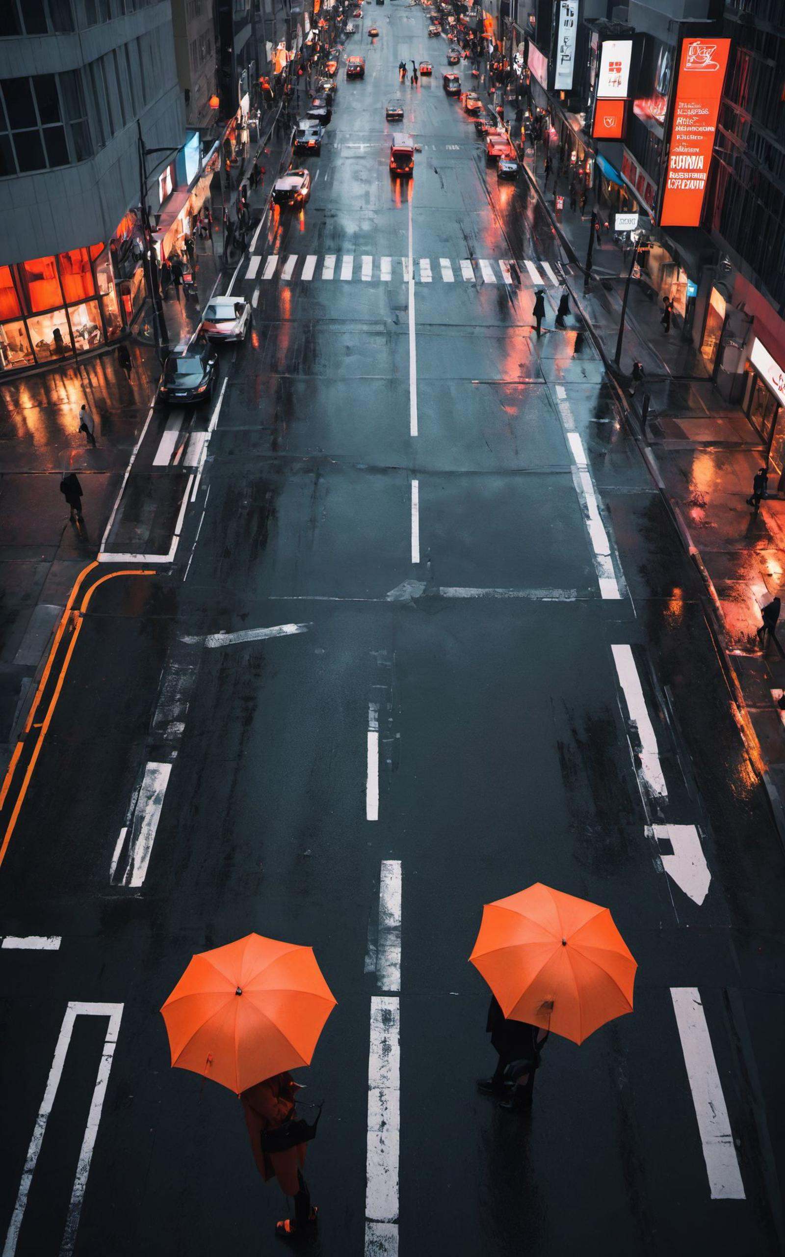 ArtComposition,a busy city street in the rain,view from aboveabstract,black and white,b&w,traffic,cars,people,(1 womancrossing the street at a crosswalk with a red umbrella:1.3)outstanding composition,golden hour,aesthetic of mosaic art,unconventional supreme masterpiece,masterful details,temperate atmosphere,(balanced center composition:0.5),with a high-end texture,in the style of fashion photography,magazine cover,Dynamic Angle,Dynamic posture,Perspective,High Point,pov,clouds on the ground,dark grey sky with neon orange clouds,glowing neon light orange and pink color tone,low saturations,dim lighting,