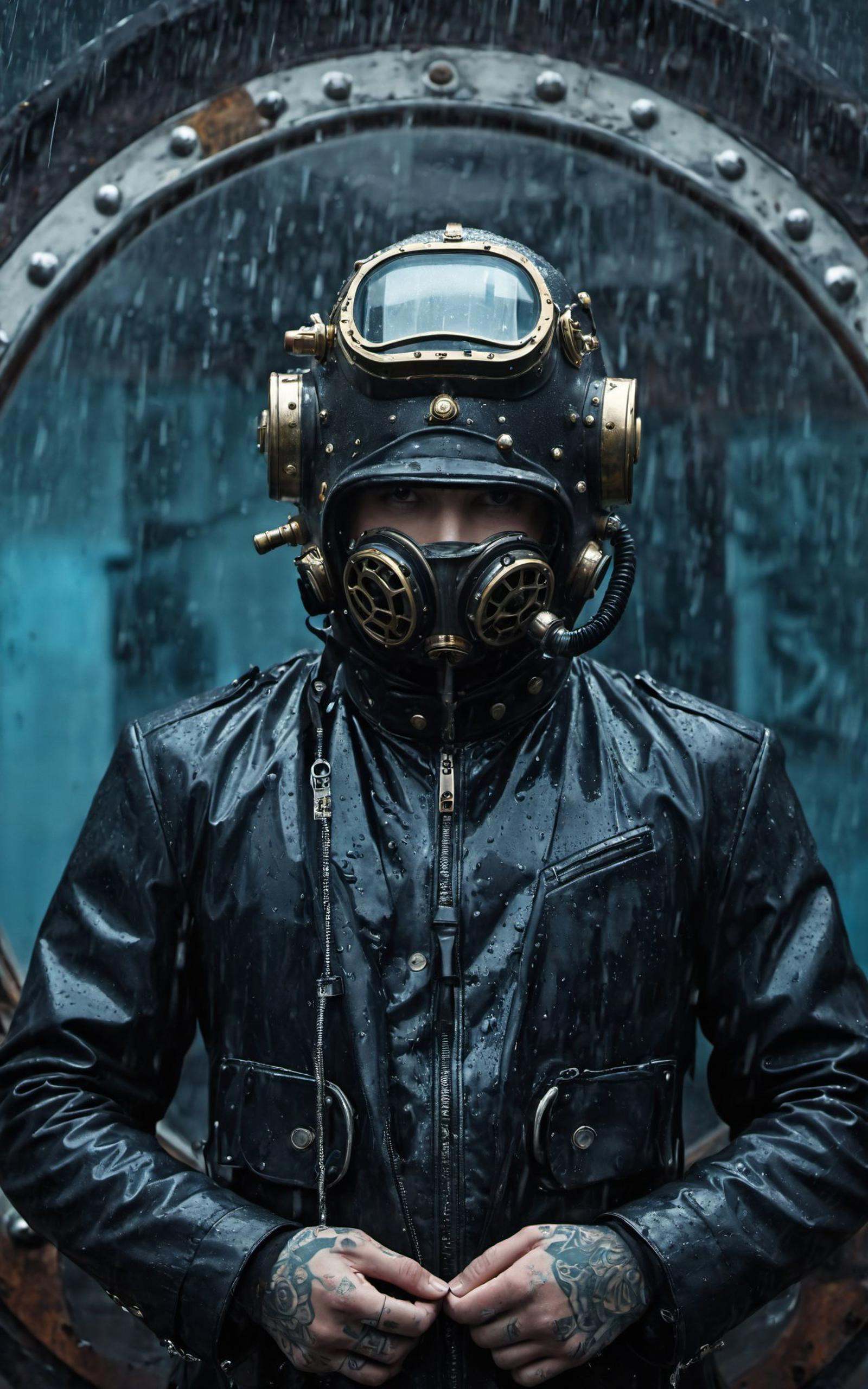 film aesthetic,Surreal portrait,man in vintage diver's helmet,glass portholes obscuring face,rain-soaked ambiance,urban backdrop,modern tattooed hand juxtaposed with retro gear,slick black jacket,metallic textures contrasting wet skin,moody blues and grays dominate color palette,evoking a somber,dystopian vibe,deeply atmospheric,cinematic quality,hints of steampunk influence,stylistic blend of historical and contemporary elements. ,Intimate boudoir photography,A shot with tension,(Visual impact,giving the poster a dynamic and visually striking appearance:1.2),impactful picture,(full body:1.3),(masterpiece, best quality:1.2),offcial art,colorful,splash of color,movie perspective,advertising style,magazine cover,
