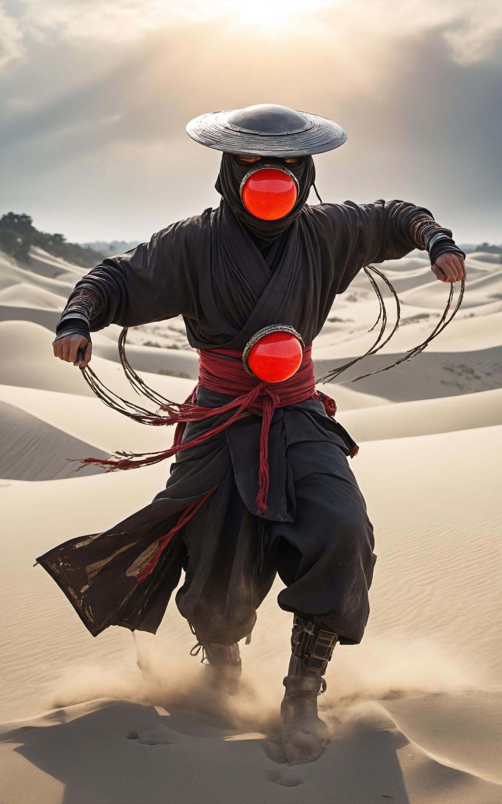 Capture the essence of a weathered,worn-out cyborg ninja amidst a swirling dust and electricity storm.  Bent forward,obscured beneath a large,round sedge hat,their face barely visible.  With arms outstretched,each hand holds a hovering,semi-molten red-gray orb.  Against the backdrop of the sun,they stand in a desolate,bleached white sand desert.,