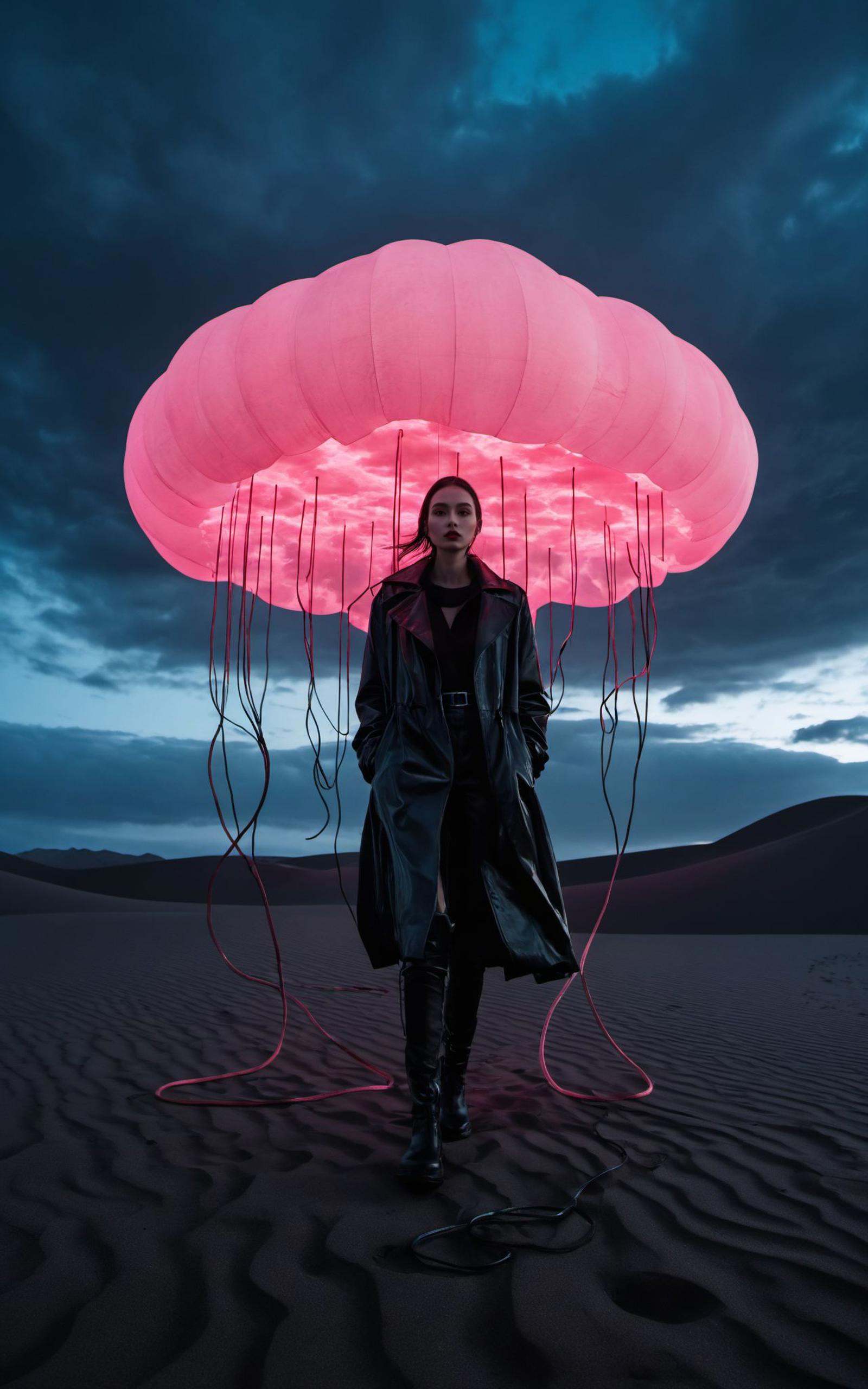 photo of a black sand desert,several giant black otherworldly creatures with cable-like hanging tentacles are floating in the starry sky,a faint red sun barely shines through the cloud cover,highly detailed,cinemascope,moody,epic,photorealistic,color graded cinematic,atmospheric lighting,award winning photo,film grain,golden hour,unconventional supreme masterpiece,masterful details,temperate atmosphere,(balanced center composition:0.5),with a high-end texture,in the style of fashion photography,magazine cover,Dynamic Angle,Dynamic posture,Perspective,clouds on the ground,dark grey sky with neon pink clouds,glowing neon light blue and pink color tone,low saturations,dim lighting,