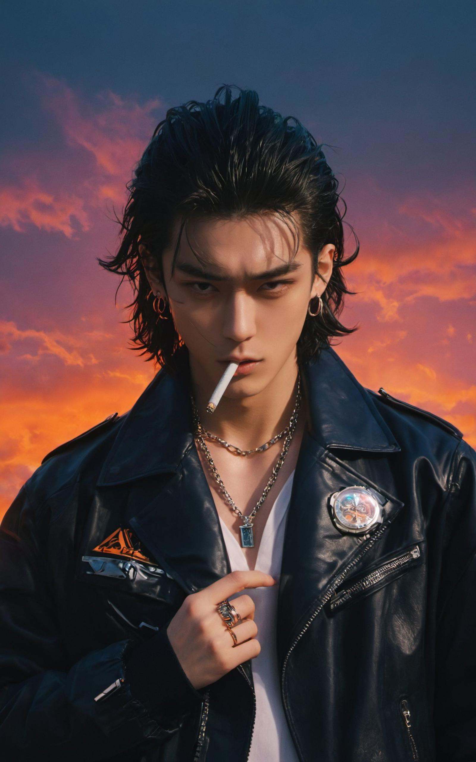 (8k, RAW photo, highly detailed,masterpiece, highest quality),rich colors,high contrast,full shot body photo of the most beautiful artwork in the world,cinematic light,fantasy,highres,xuer film still,solo,looking at viewer,black hair,1boy,jewelry,jacket,male focus,earrings,necklace,bracelet,black jacket,mouth hold,ring,watch,cigarette,realistic,smoking,wristwatch,leather,undercut,leather jacket,multiple rings,<lora:绪儿电影剧照:0.8>,unconventional supreme masterpiece,masterful details,temperate atmosphere.                      (balanced center composition:0.5),clouds on the ground,dark grey sky with neon orange clouds,glowing neon light orange and pink color tone,low saturations,dim lighting,highly detailed,ultra-high resolutions,32K UHD,best quality,masterpiece,