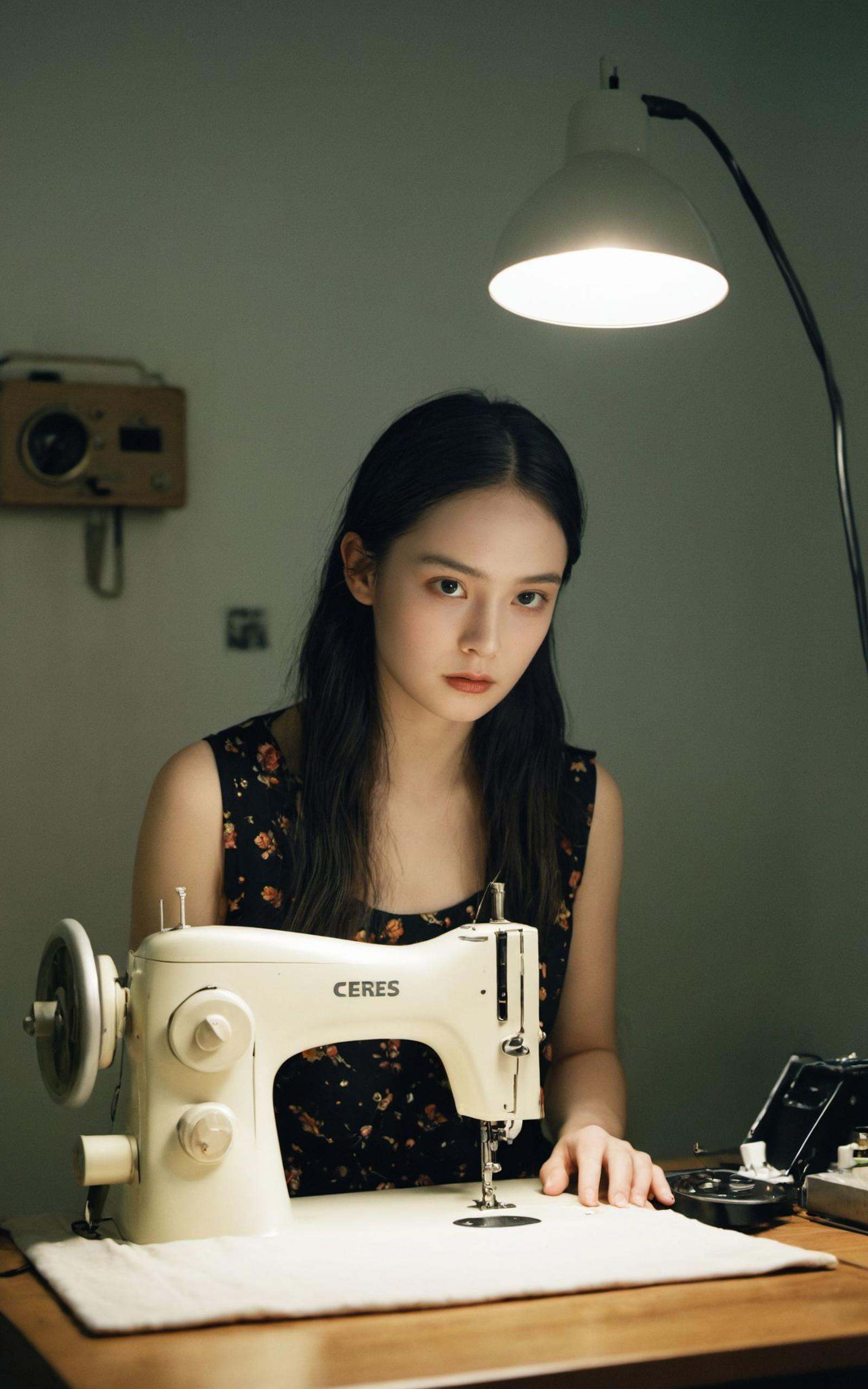 awardwinning photograph,High Shutter Speed,flyweight Ceres of Hell,Ceres is Sewing,she is very Nerdy,F/5,Kodak Ektar 100,Samsung Galaxy,Horror,studio lighting,F/8,colorful,intricate detail,ambient illumination,enchanted,surreal,highly detail,(masterpiece,best quality,ultra-detailed, absurdres),(masterpiece,best quality,ultra-detailed, absurdres),((film still,movie still)),photograph,volumetric lighting,Slow Shutter Speed,Primitivism,RAW photo,ultra-sharp focus,internationally-acclaimed photograph,ambient atmosphere,ambient,pale complexion,film grain texture,analog photography aesthetic,visual storytelling,dynamic composition,