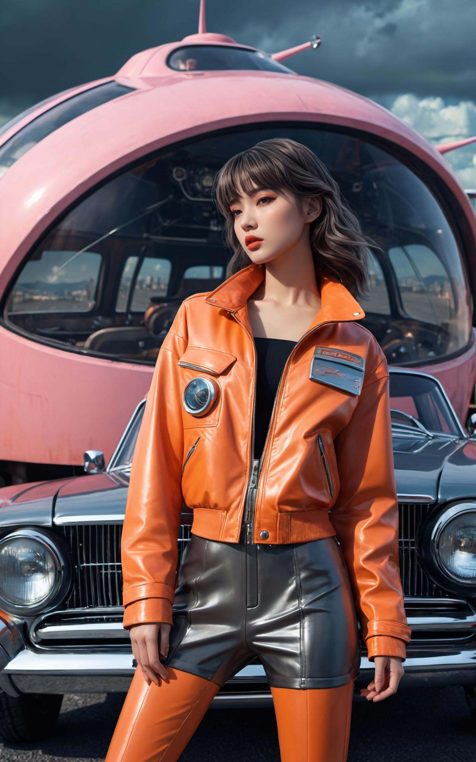 a retro cartoon girl is standing by a car with,Hajime Sorayama,in the style of dieselpunk imagery,in the style of hyper-realistic sci-fi,32k uhd,marc simonetti,realistic and hyper-detailed renderings,snailcore,artgerm,neo-futuristic grand cybernetwork buildings dieselpunk,tsubasa nakai,fashion illustrations,freakshow,clouds on the ground,dark grey sky with neon orange clouds,glowing neon light orange and pink color tone,low saturations,dim lighting,highly detailed,ultra-high resolutions,32K UHD,best quality,masterpiece,Orange leather jumpsuit,leather jacket,pale complexion,film grain texture,analog photography aesthetic,visual storytelling,dynamic composition,looking at viewer,eye contact,