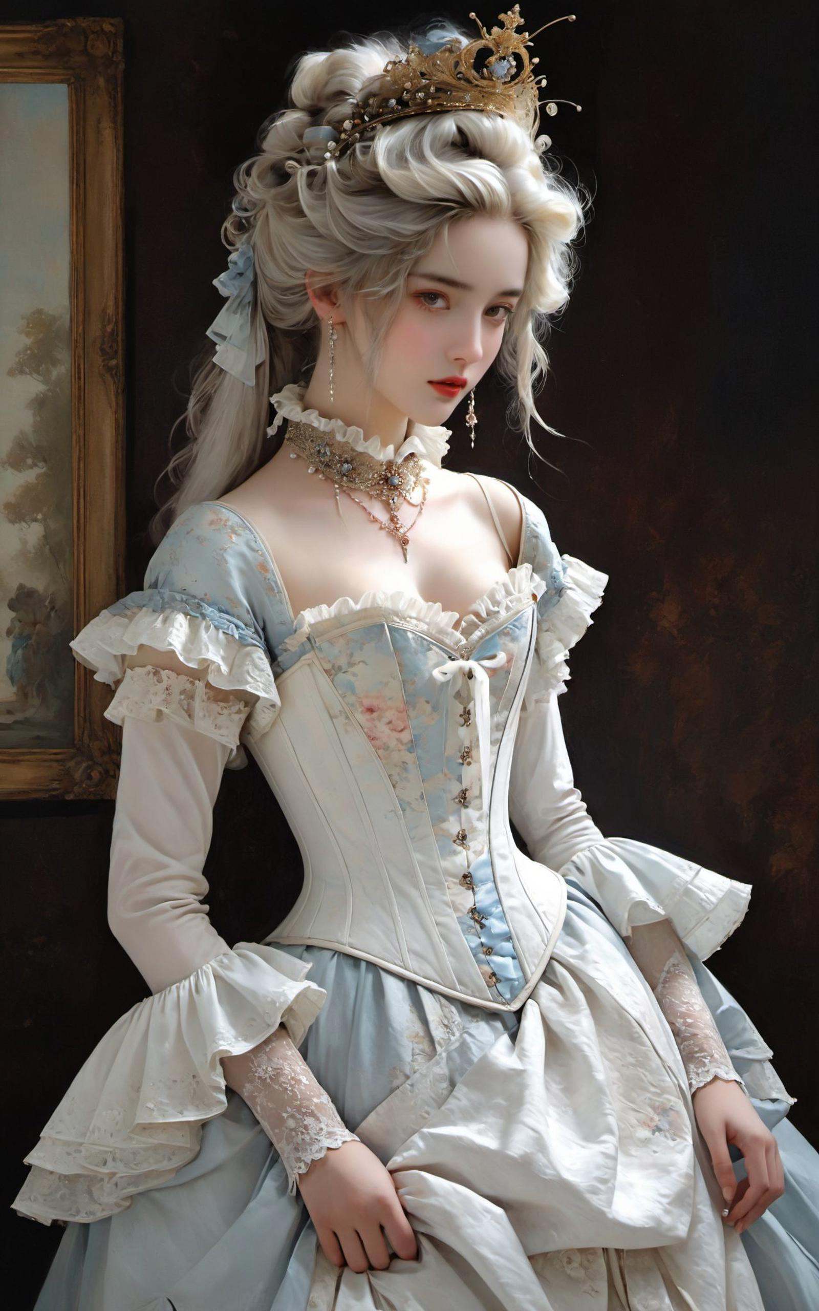 XUER poster art,<lora:绪儿海报艺术XUER poster art:0.8>,1girl,solo,(by francois boucher and andre kohn:1.6),very long hair,(oil painting style, detailed artwork, art:1.2),(quaint:1.2),(ornate [tiara|crown]:1.2),(very beautiful victorian era princess, 19th century:1.4),bsp,front view,cowboy shot,perfect hands,nice hands,(white hair:1.2),(wearing a large ruff, large ruffled collar, detached sleeves, long sleeves, frills, frilly, white corset:1.2),(intricate fabric:1.2),soft lighting,very detailed eyes,masterwork,best quality,