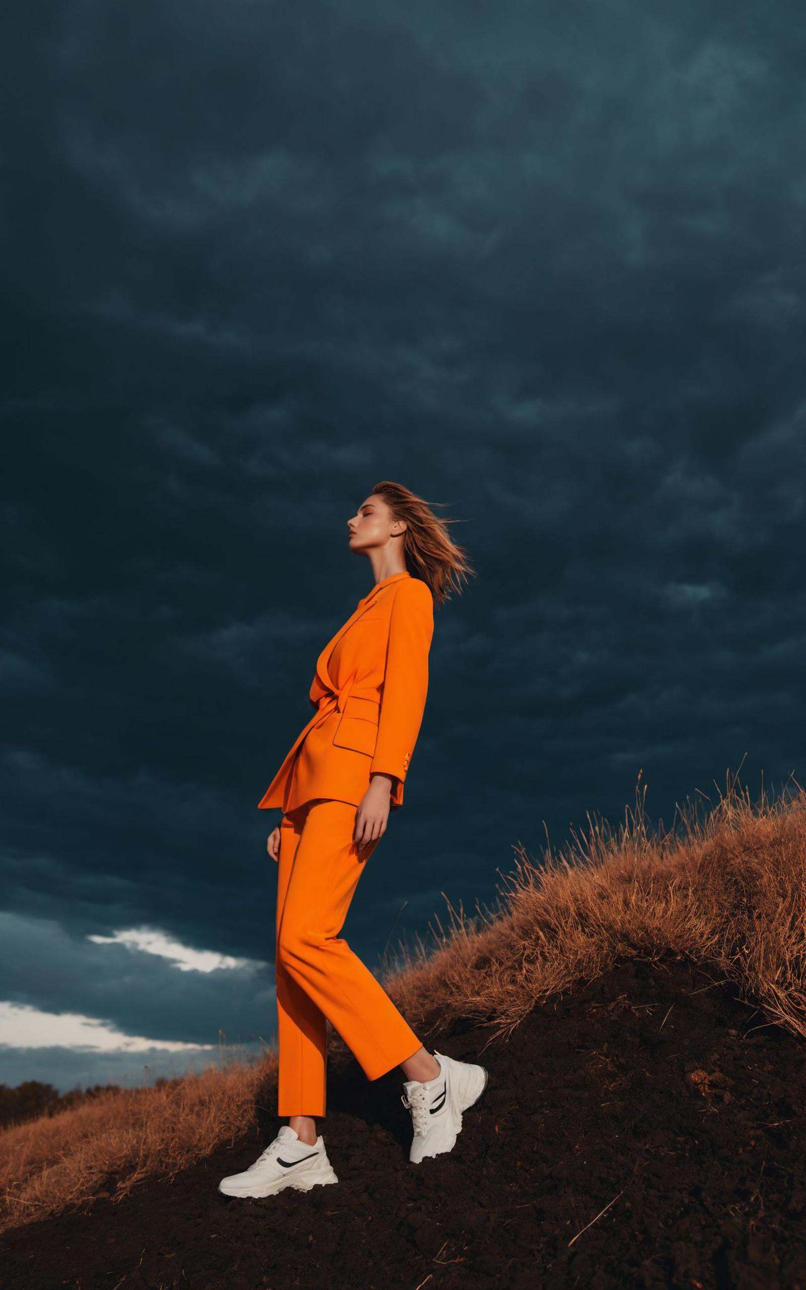 tree focus,Portrait,Emotionalization,Photography,style of Alessio Albi,golden hour,unconventional supreme masterpiece,masterful details,temperate atmosphere,(balanced center composition:0.5),with a high-end texture,in the style of fashion photography,magazine cover,Dynamic Angle,Dynamic posture,Perspective,clouds on the ground,dark grey sky with neon orange clouds,glowing neon light orange and pink color tone,low saturations,dim lighting,