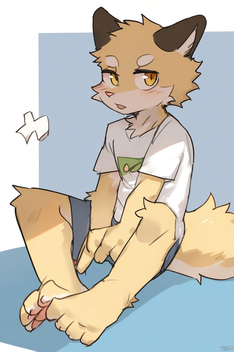nekowuwu,chibi,
solo,male_focus,furry,
t-shirt,
BREAK,
sitting,v,
masterpiece, best quality,