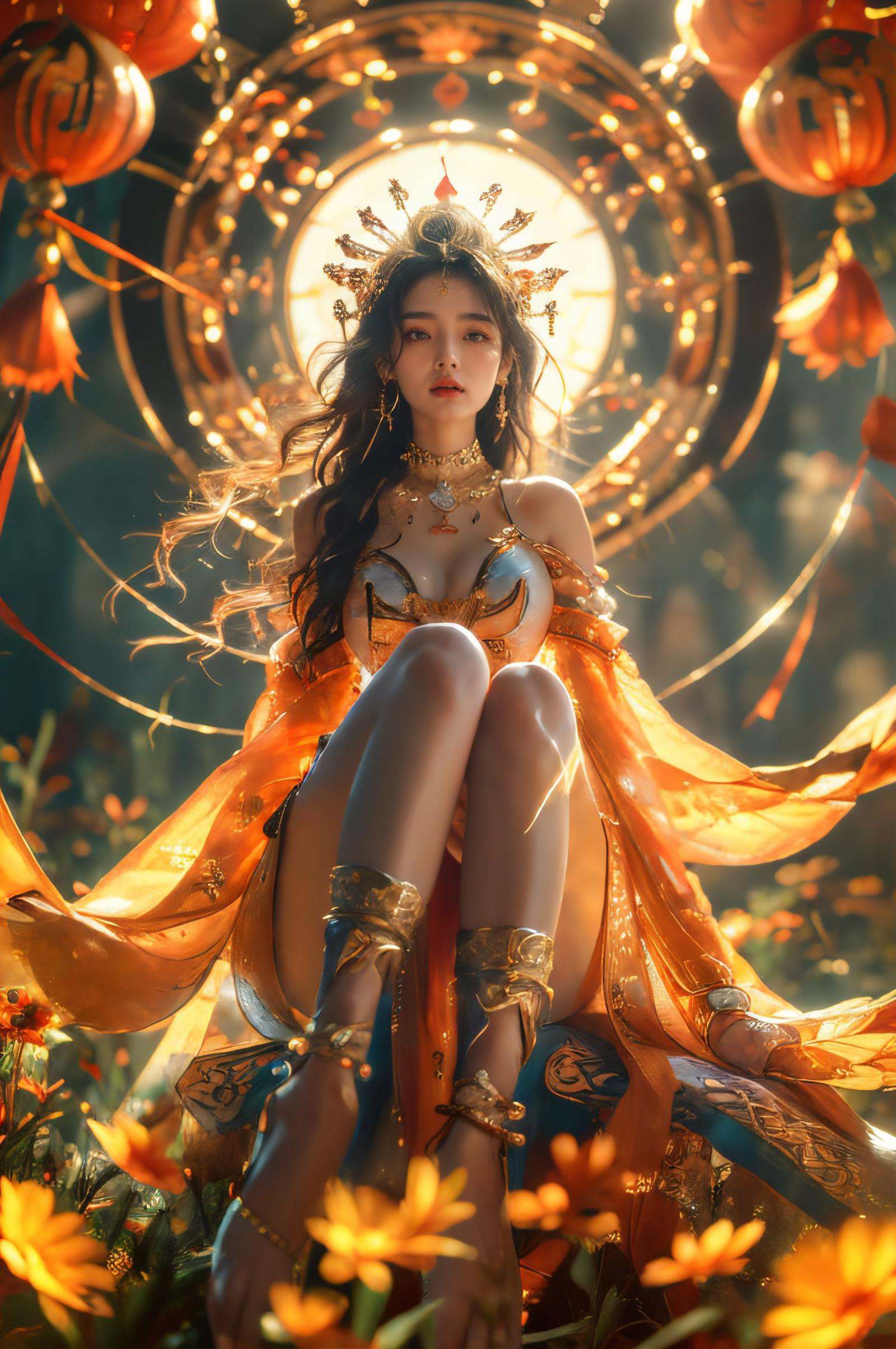 xuer Chinese goddess,1girl,(sitting:1.2),( jewelry,anklet,:1.3) solo,(shiny skin:1.4),(from below:1.1),(full body:1.1),(wide shot, wide-angle lens,Panoramic:1.2),image,nostalgic paintings,Exotic Style,bull body,long sho,dancing,Martialarts and fairy - like vibe,best quality,masterpiece,Dynamic Angle,Perspective,High Point,pov,(from below:1.4),(from side,profile:1.1),<lora:绪儿-中国女神xuer Chinese goddess:0.75>,<lora:xuer a sense of story girl_20240320200924:0.5>,